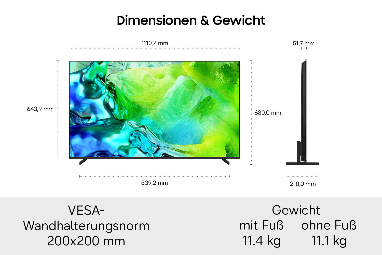 Technische Zeichnung mit Maßen und Gewicht eines Fernsehers, inklusive VESA-Norm.
