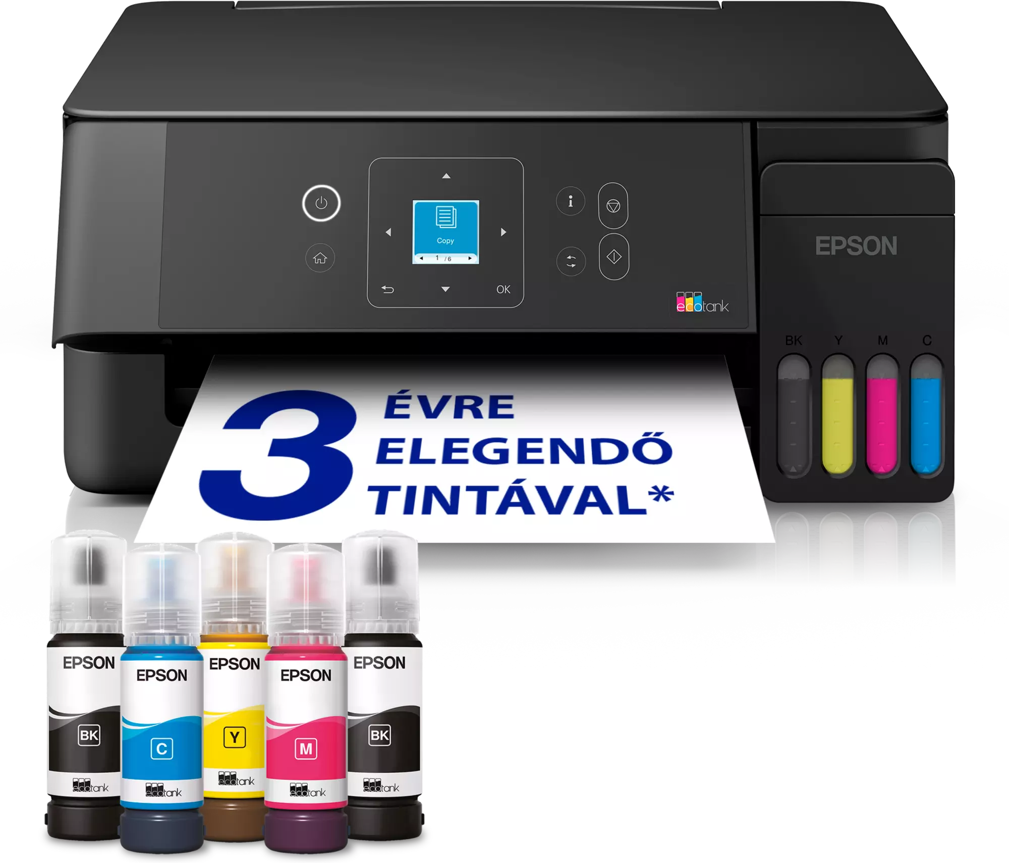 Epson Ecotank nyomtató elöl tintapalackokkal és nyomtatott papírral.
