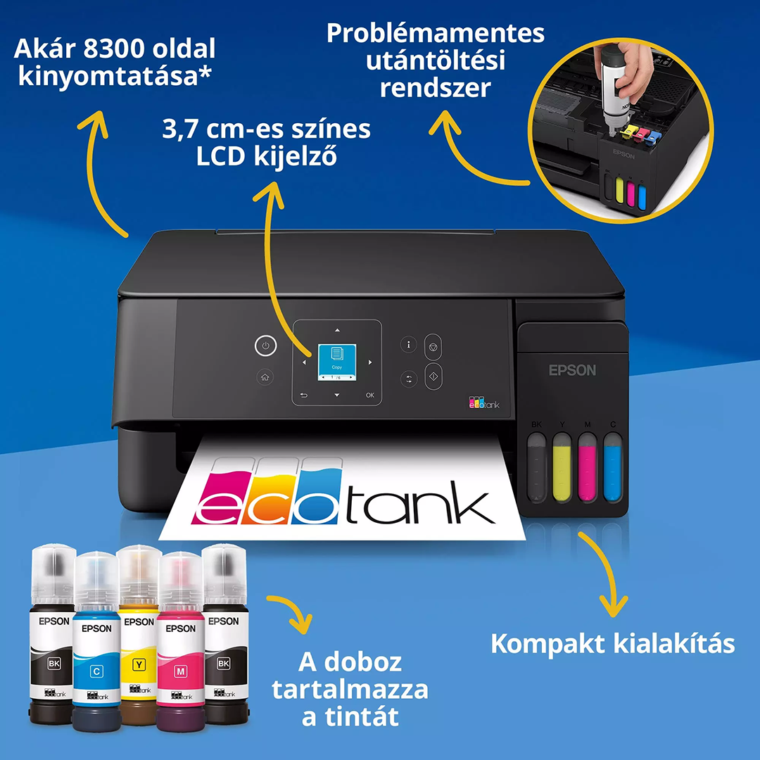 Epson EcoTank nyomtató tintapalackokkal és szövegkiemeléssel kék háttéren.