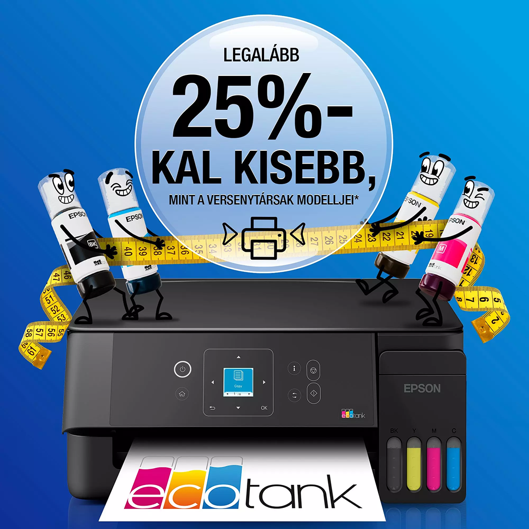 Epson nyomtató hirdetés tintásüveg figurákkal és mérőszalaggal kék háttér előtt.