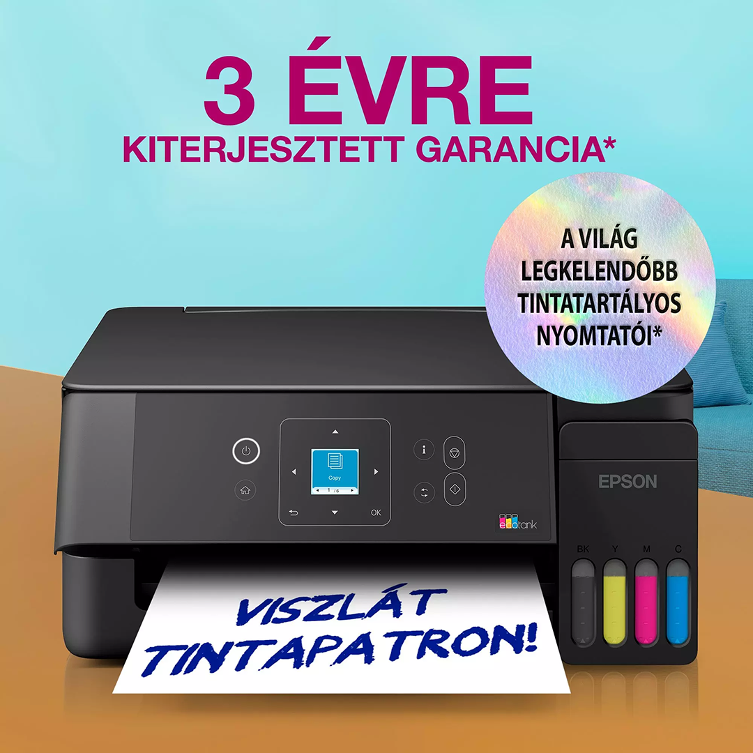 Fekete Epson EcoTank nyomtató látható tintatartályokkal és magyar nyelvű feliratos nyomtatott papírral.