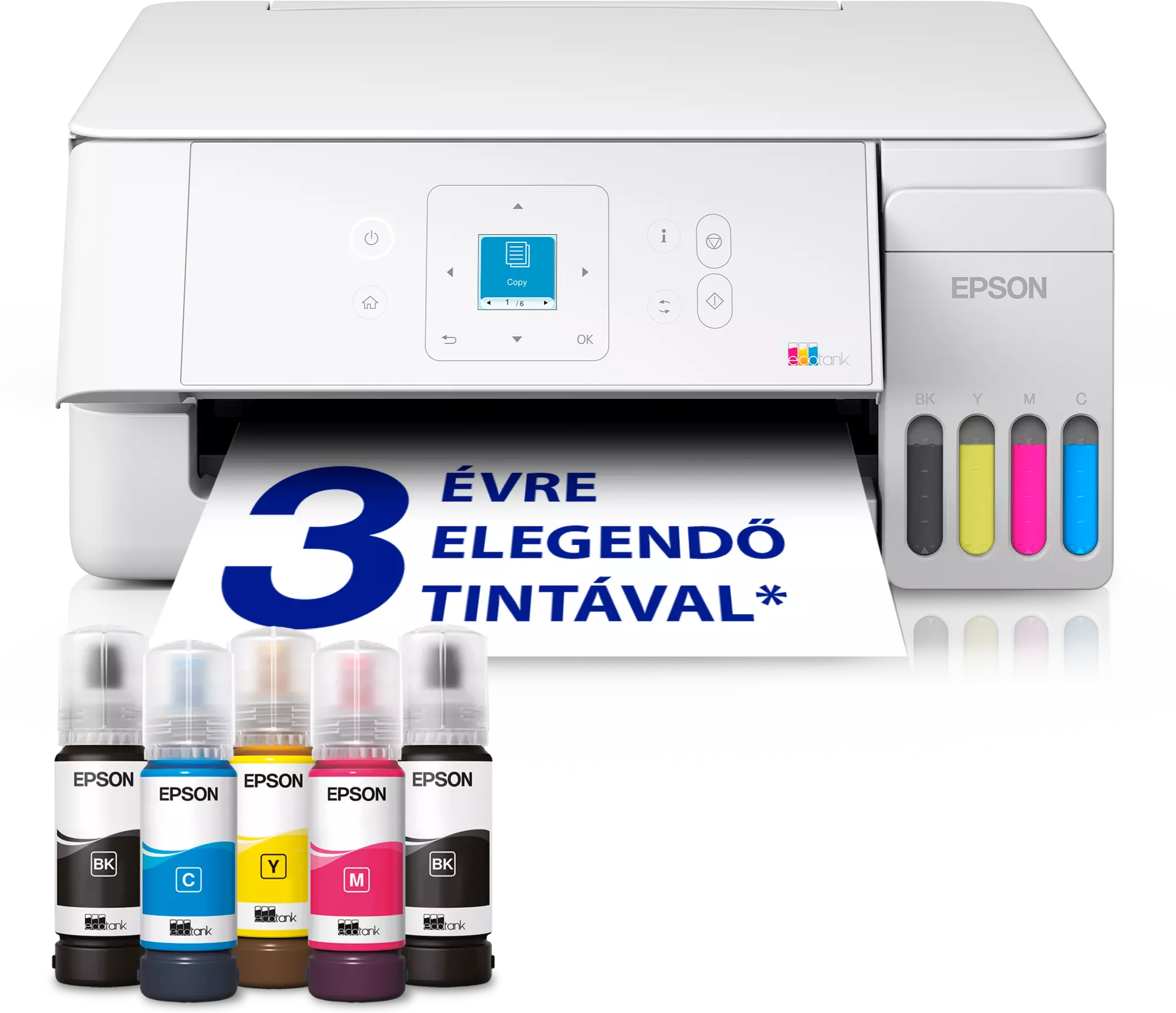 Fehér Epson EcoTank nyomtató előtte öt tintapalackkal és nyomtatott szöveggel.