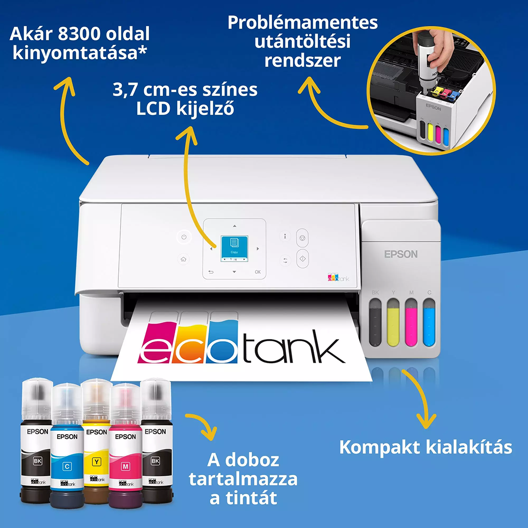 Epson EcoTank nyomtató tintatartályokkal, nyomtatott lappal és öt tintapalackkal kék háttér előtt.