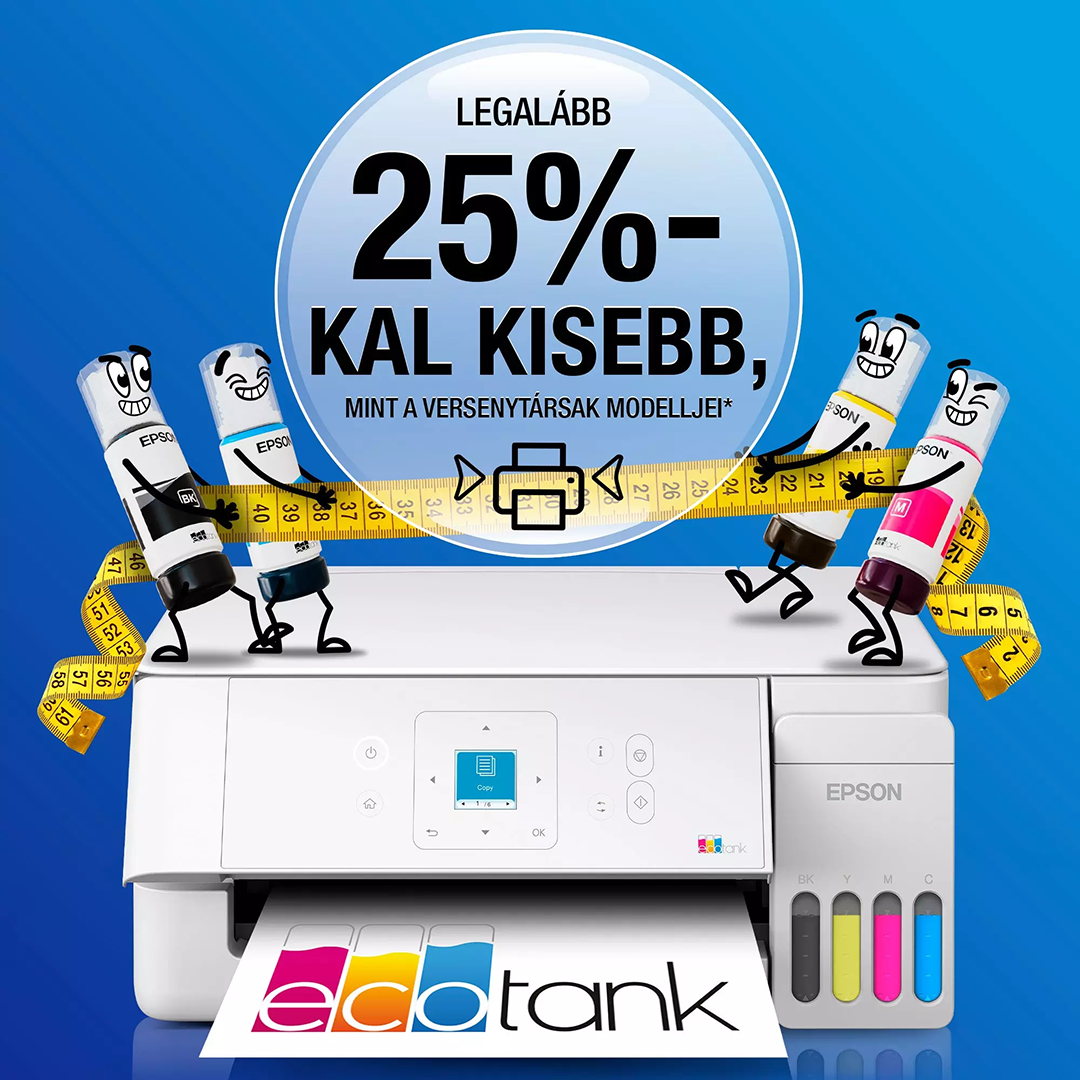 Epson EcoTank nyomtató négy színes tintapalack figurával és sárga mérőszalaggal kék háttér előtt.