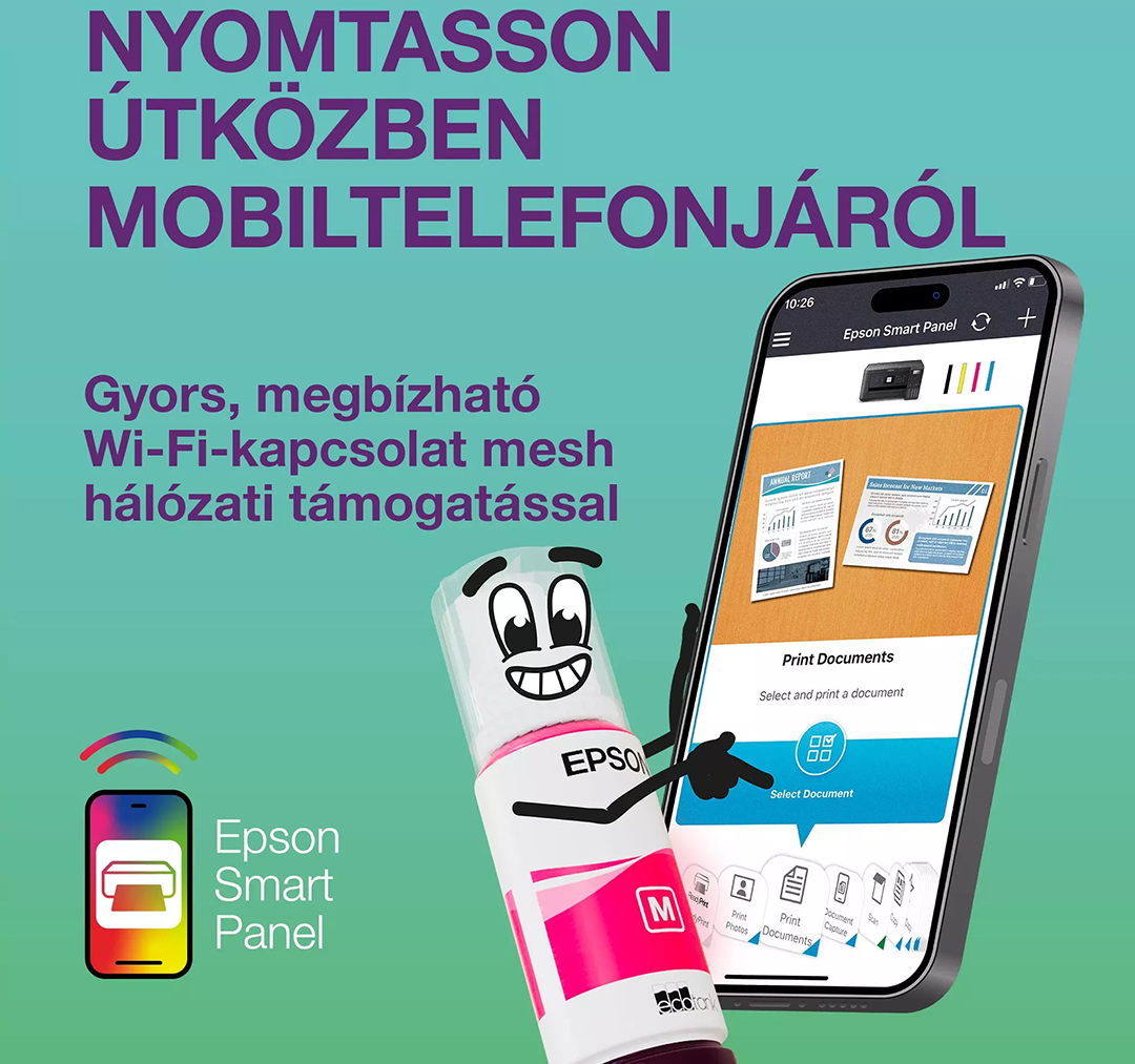Egy okostelefon az Epson Smart Panel appal, egy rajzfilmes tintásüveg mellett, türkiz háttér előtt szöveggel.