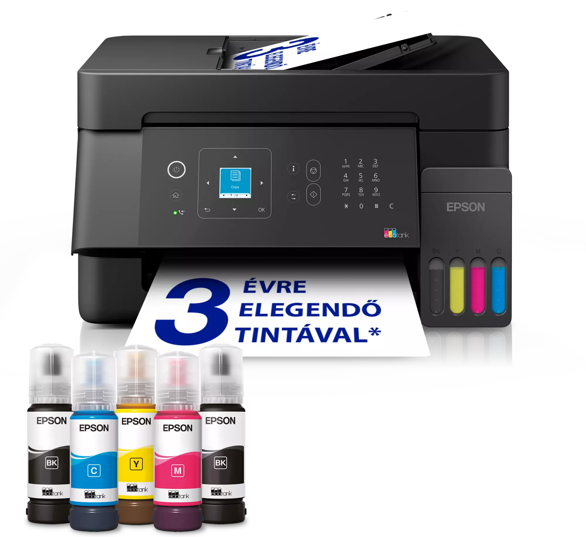 Epson EcoTank nyomtató szöveges és számos lapot nyomtat, előtte öt tintapalack.
