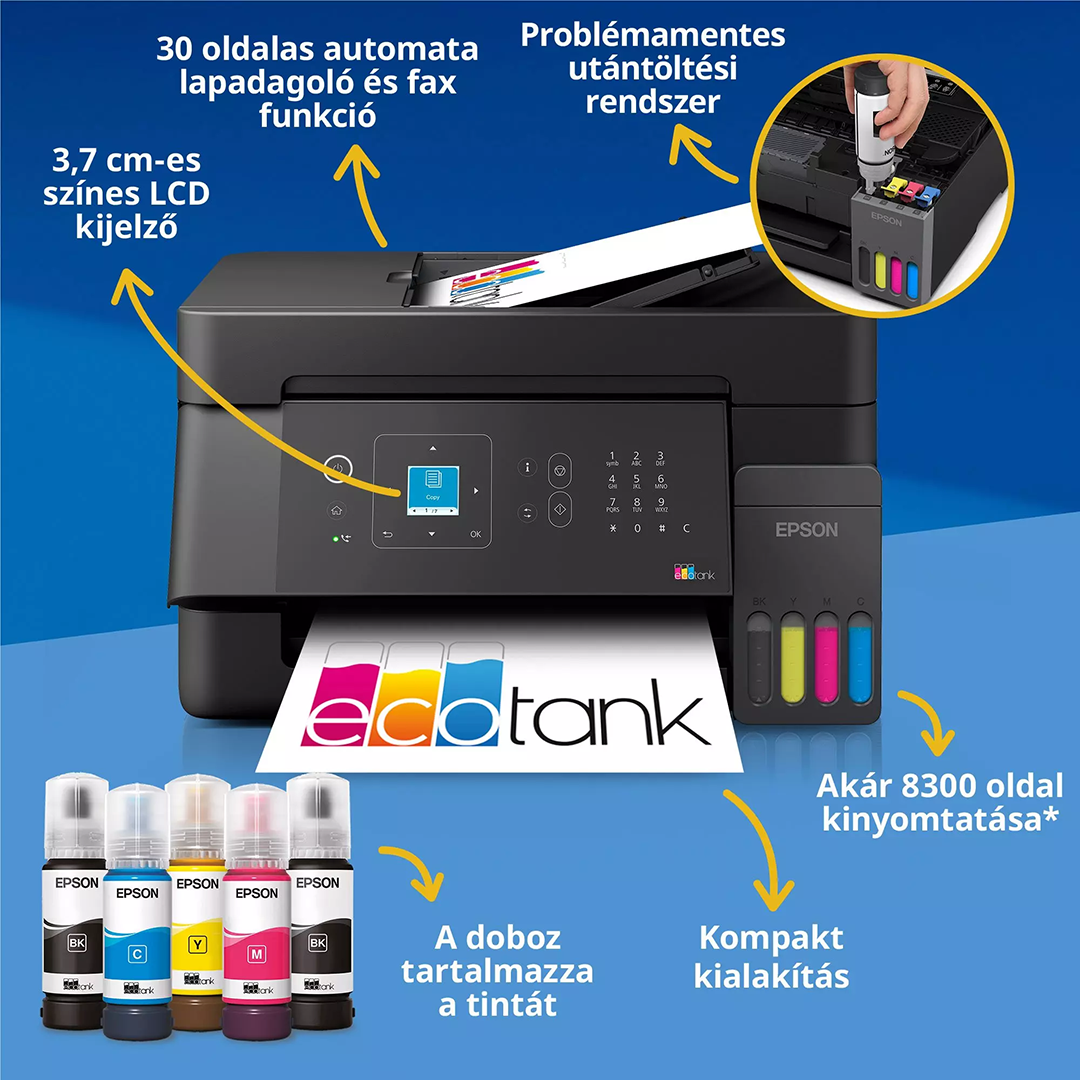 Epson EcoTank nyomtató tintatartályokkal, LCD-kijelzővel és utántöltő palackokkal.