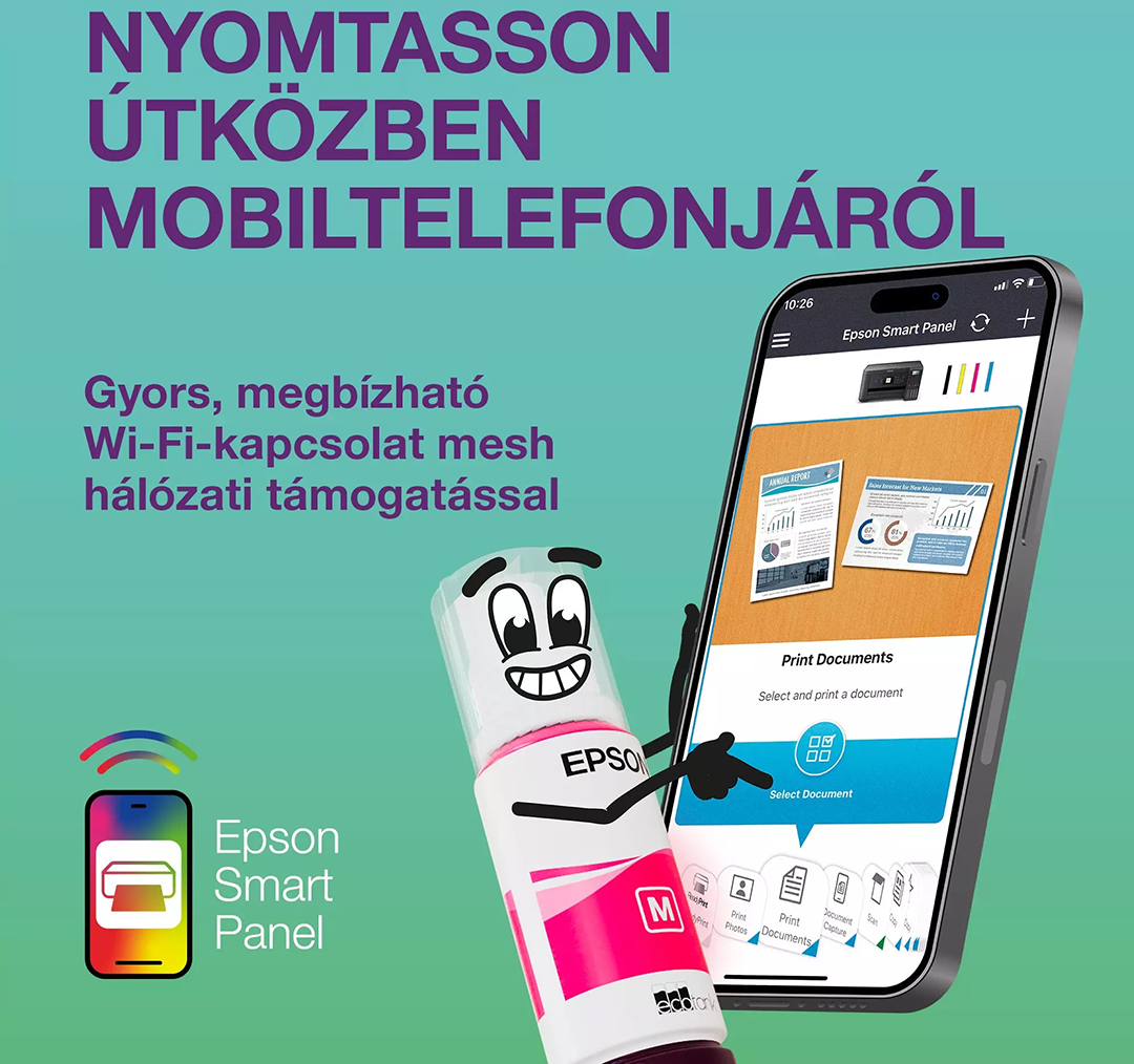 Okostelefon az Epson Smart Panel alkalmazással, egy animált magenta tintapalackkal és magyar szöveggel.