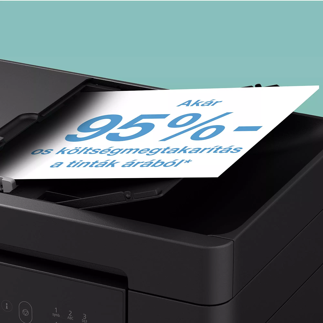 Egy fekete nyomtató papírlappal, amelyen kék szöveg látható a 95%-os tinta-megtakarításról.