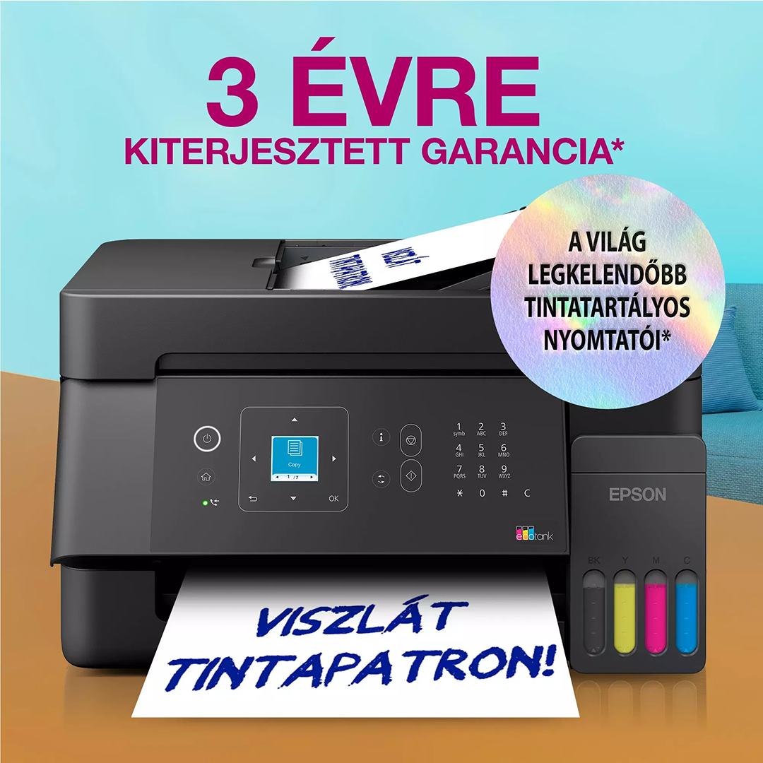 Fekete Epson EcoTank nyomtató látható tintatartályokkal és magyar feliratokkal.