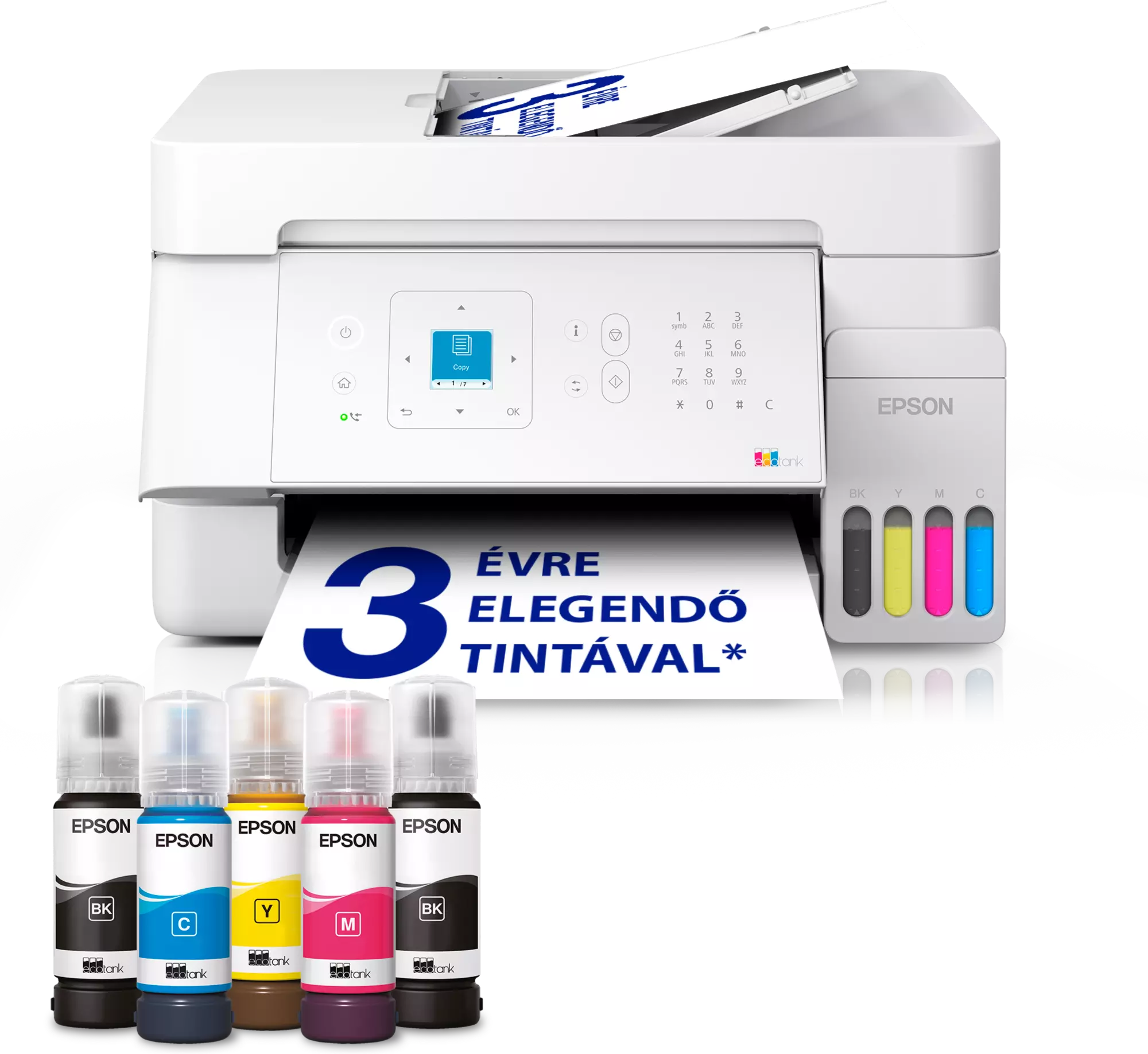 Egy fehér Epson EcoTank nyomtató tintatartályokkal és öt tintapalackkal előtte.