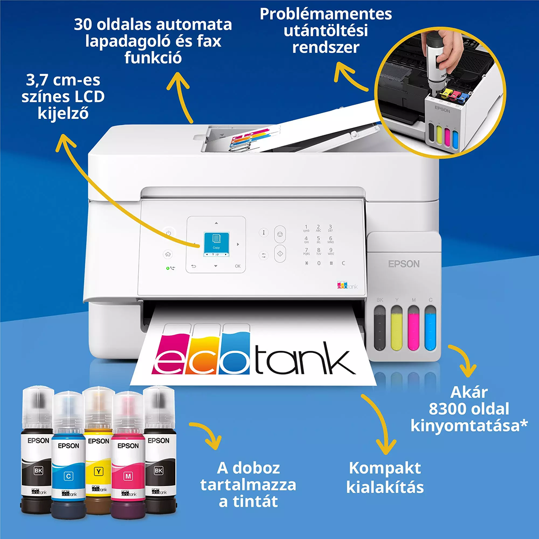 Fehér Epson EcoTank nyomtató tintapalackokkal és magyar nyelvű feliratokkal kék háttéren.