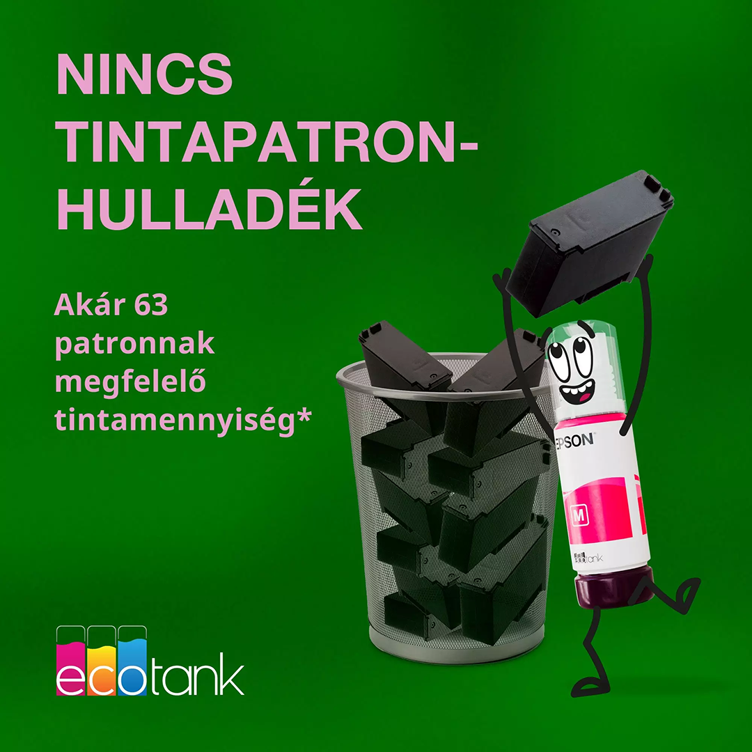 Egy animált tintásflakon fekete patronokkal teli hálós kukatartó fölé tart egy patront.
