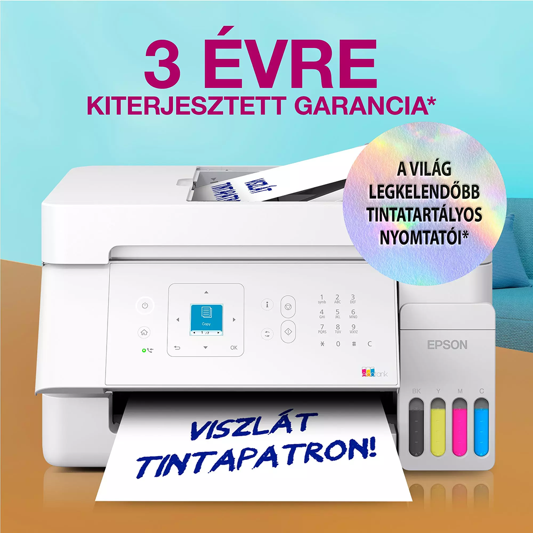 Egy fehér Epson EcoTank nyomtató jobbra látható tintatartályokkal, magyar nyelvű promóciós szöveget nyomtatva.