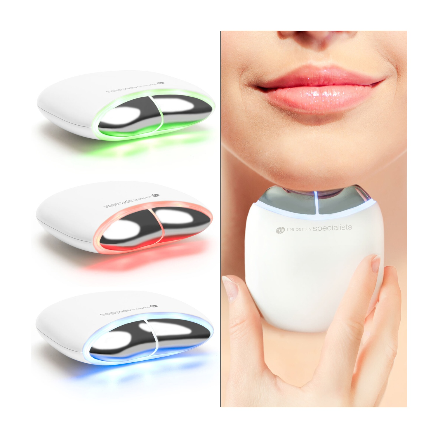 Un dispositivo di bellezza bianco con luce verde, rossa e blu viene utilizzato sul mento di una persona.