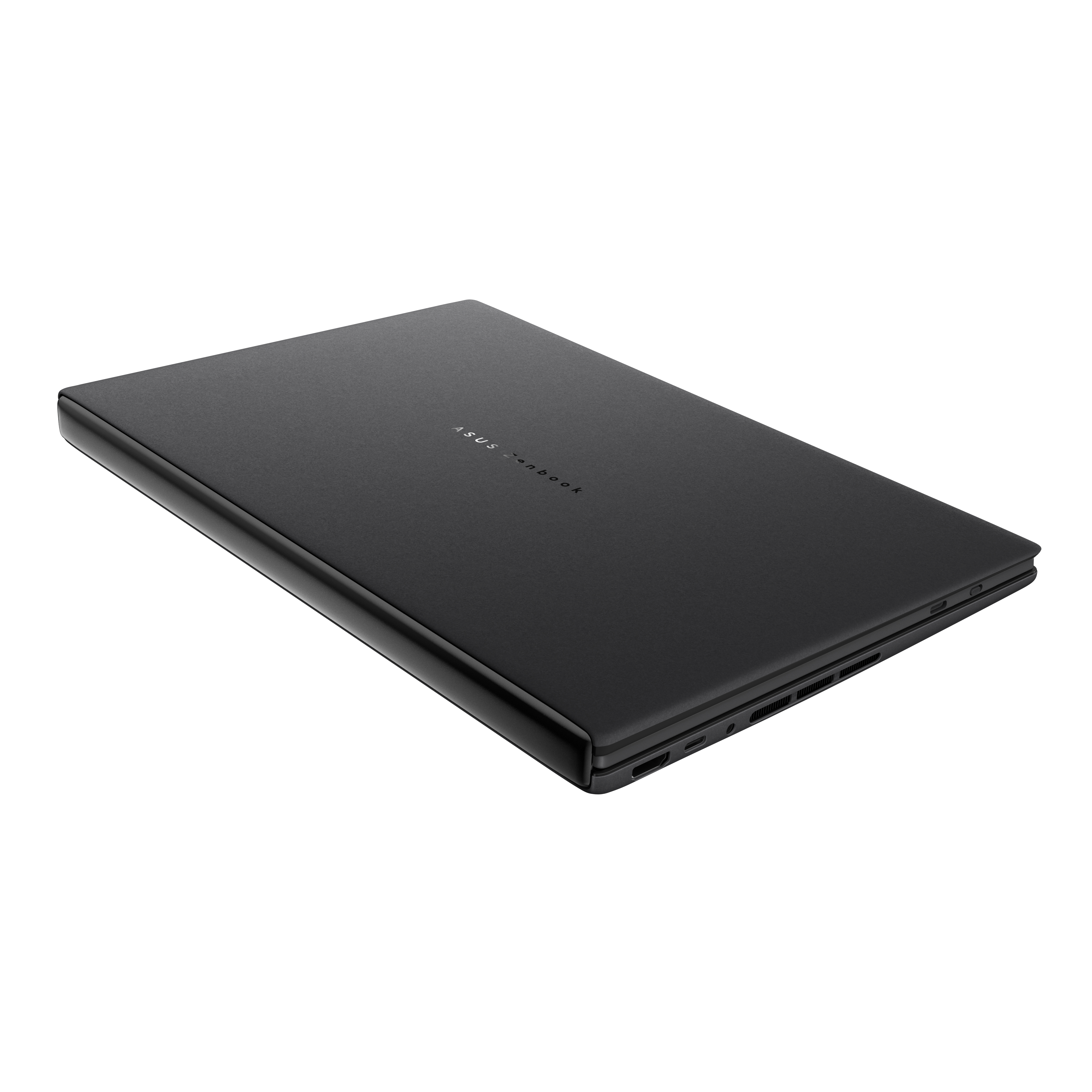 Beyaz arka planda açılı üst perspektiften görünen kapalı siyah bir ASUS Zenbook dizüstü bilgisayar.