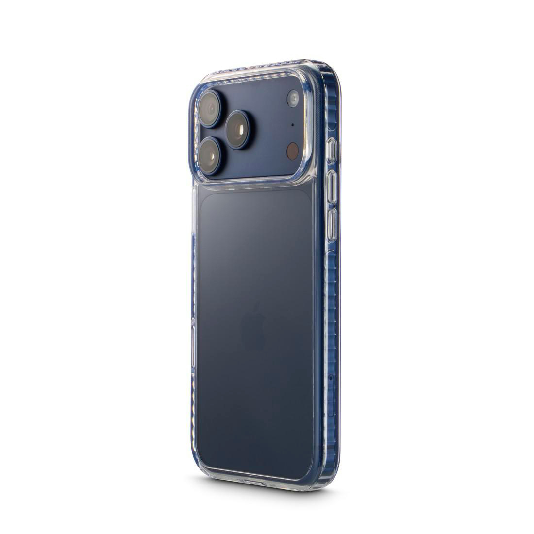 Ein dunkles Smartphone in einer klaren Schutzhülle wird von hinten vor weißem Hintergrund gezeigt.