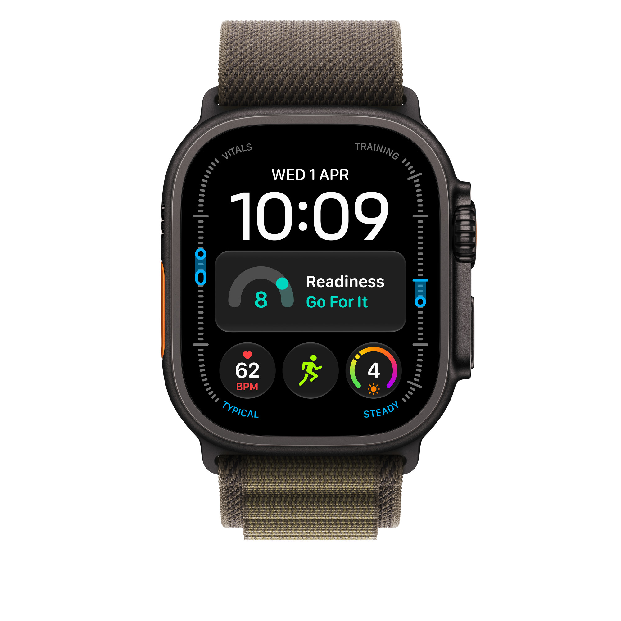 Czarny smartwatch z oliwkowozielonym paskiem z tkaniny pokazuje cyfrową godzinę 10:09 oraz dane zdrowotne.