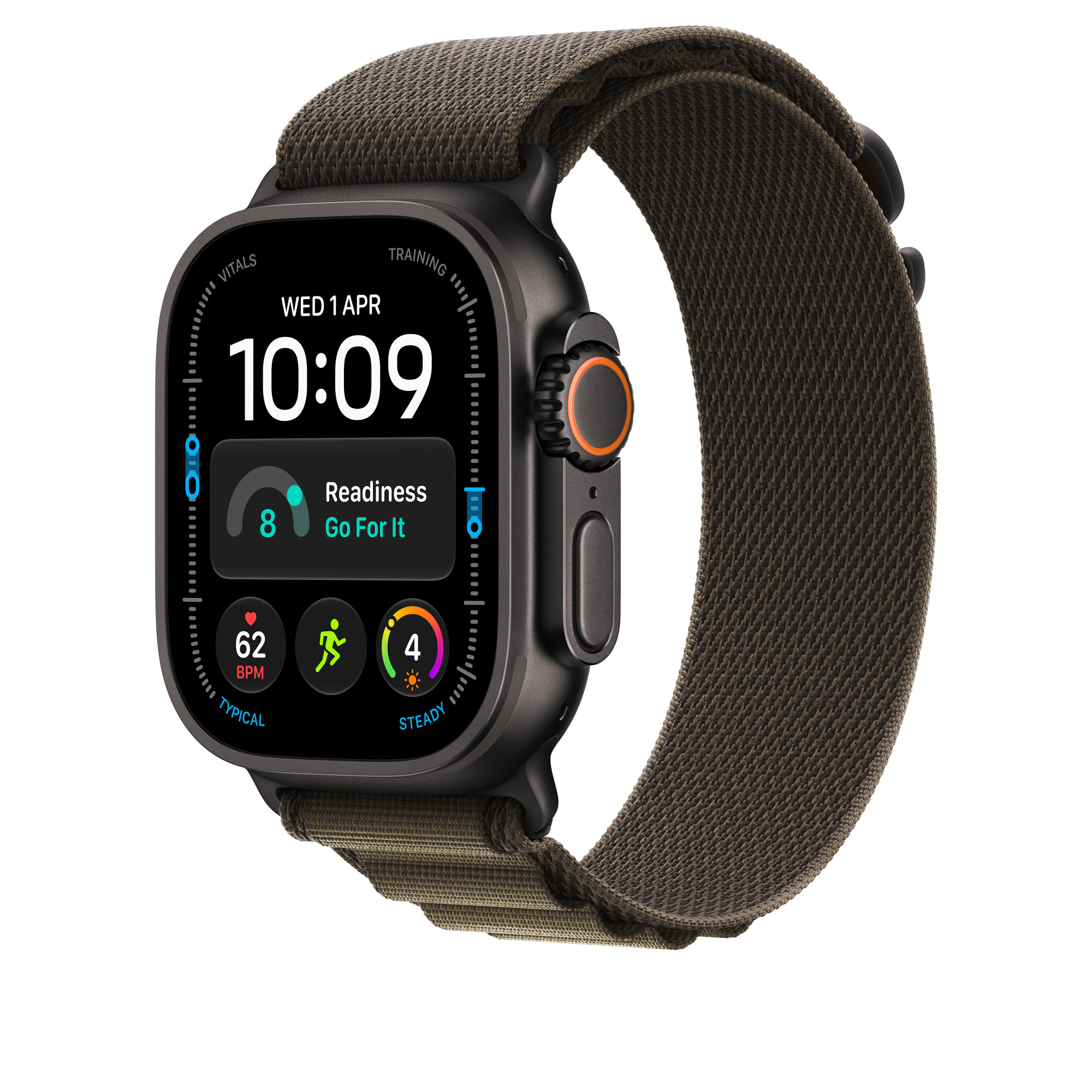 Czarny smartwatch z oliwkowozielonym paskiem z tkaniny wyświetla godzinę 10:09 oraz dane dotyczące zdrowia.