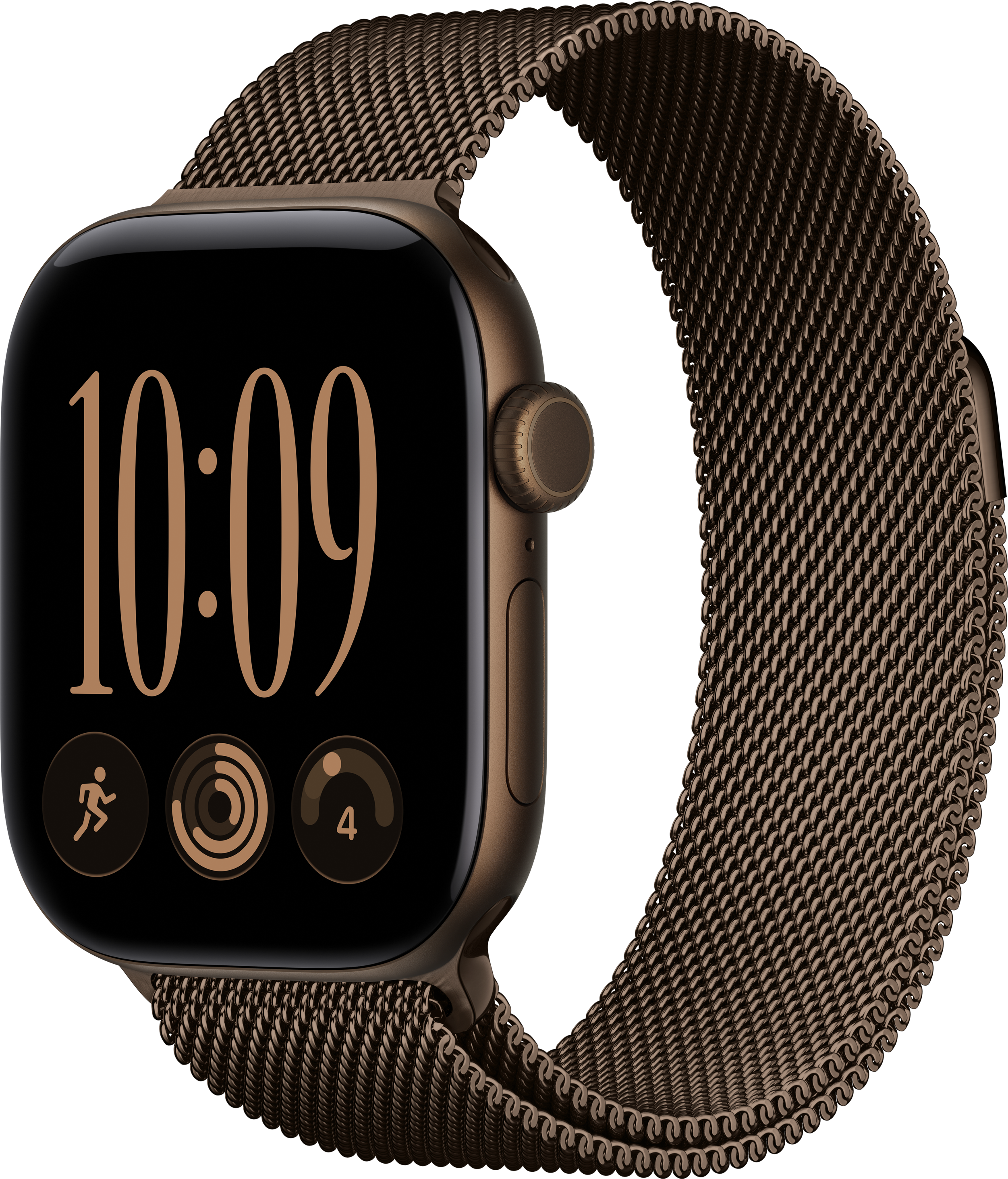 Uno smartwatch color bronzo con cinturino in maglia metallica e display nero che mostra le 10:09.