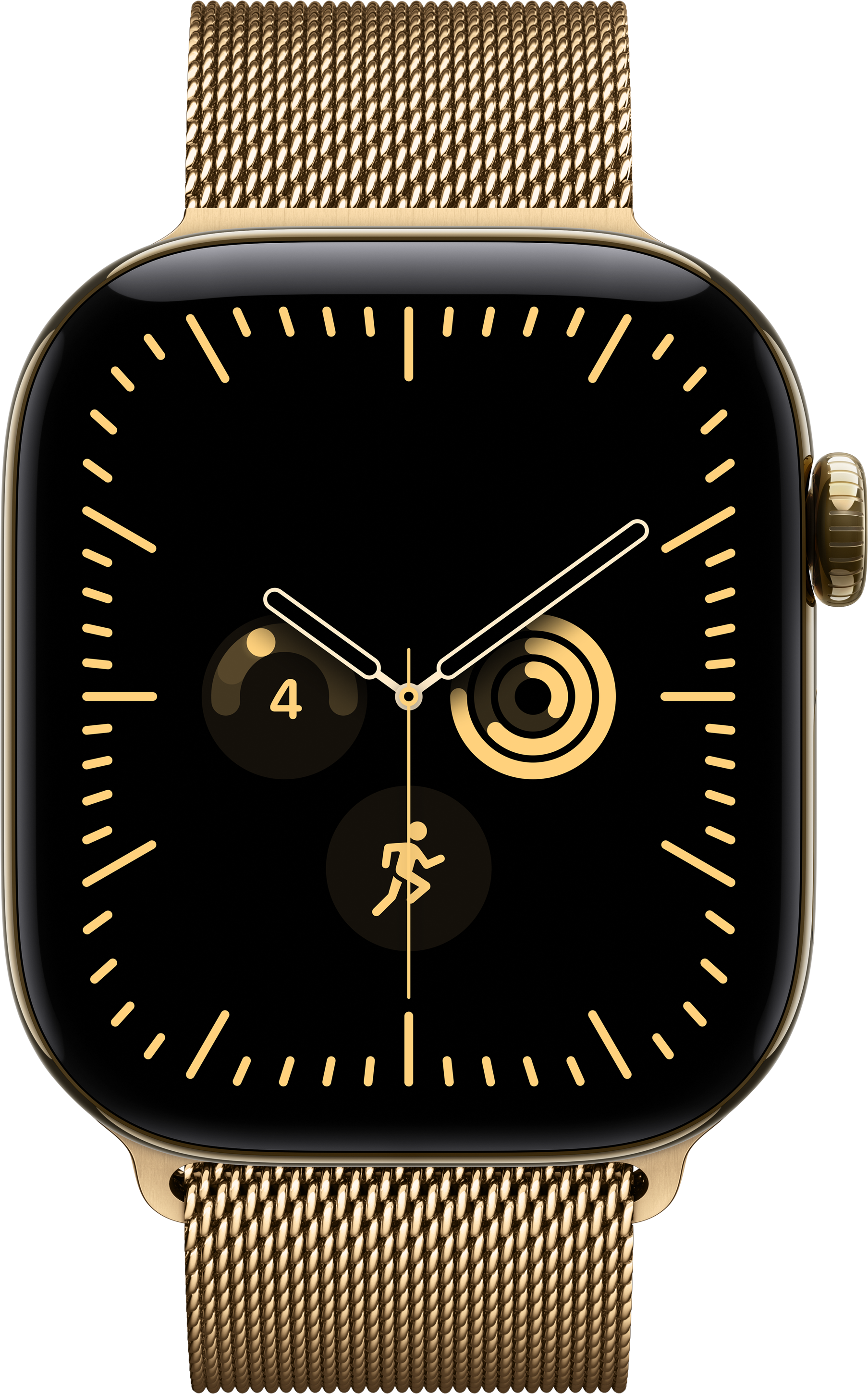 Une montre intelligente dorée avec un cadran noir, des accents dorés et un bracelet milanais doré.
