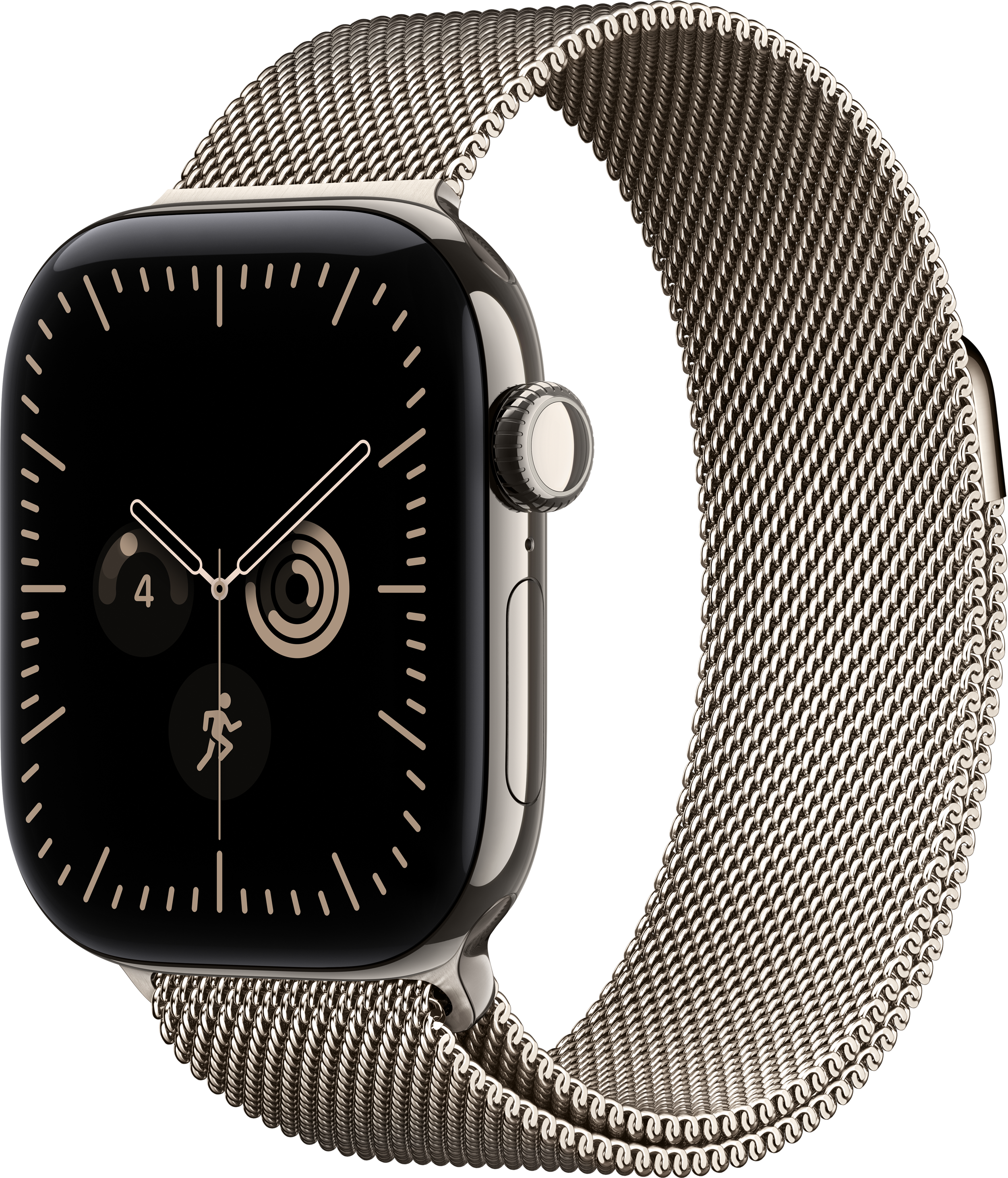Uno smartwatch con cinturino milanese dorato e quadrante nero su sfondo scuro.