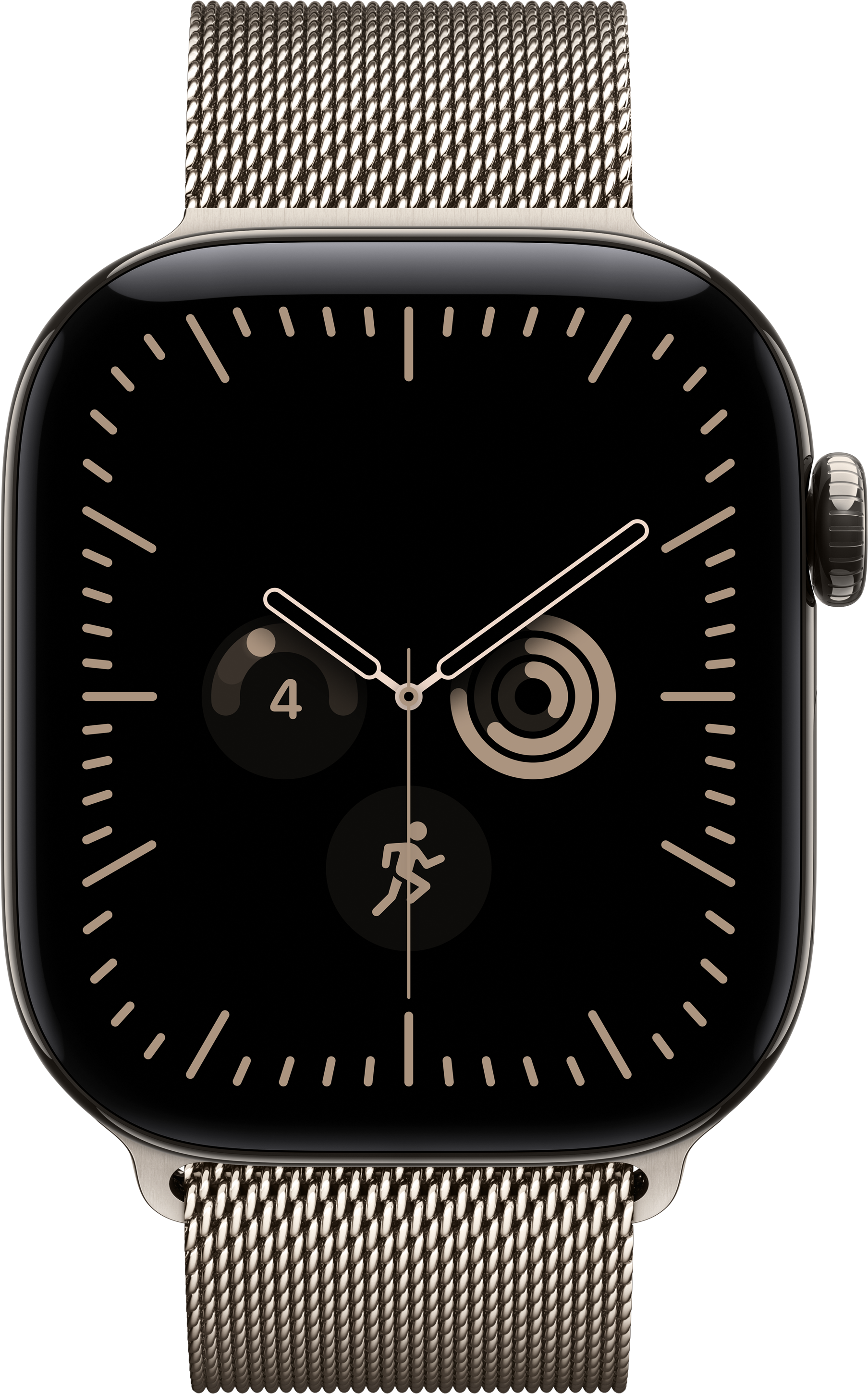 Uno smartwatch con cinturino in maglia dorata e quadrante nero che mostra ora, anelli di attività e un'icona di corsa.