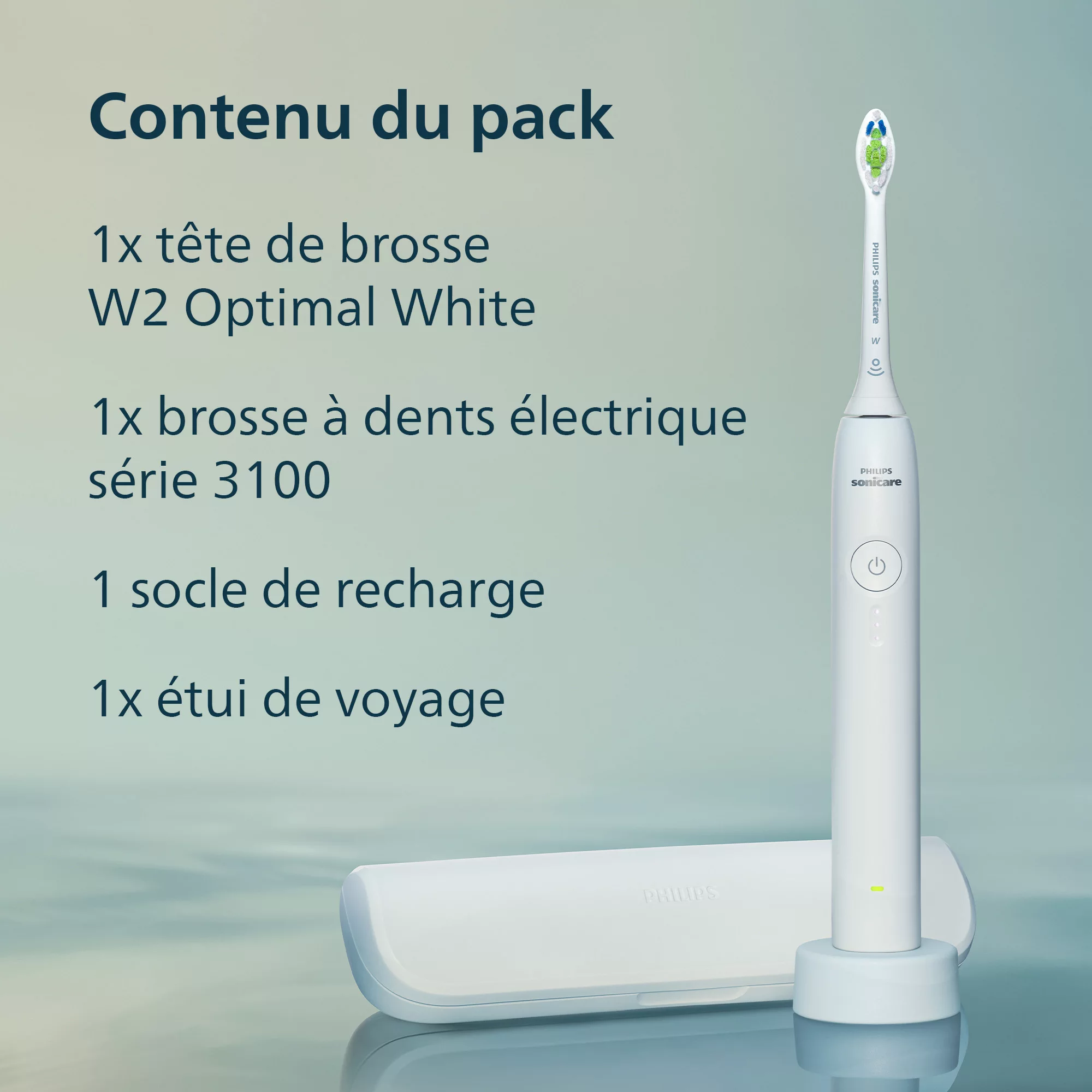 Weiße Philips Sonicare elektrische Zahnbürste, Ladestation und Reiseetui auf blauem Hintergrund mit französischem Text.