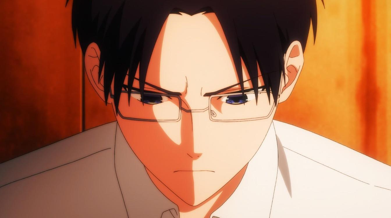 Ein Anime-Mann mit Brille und schwarzem Haar blickt entschlossen vor einem rötlichen Hintergrund.