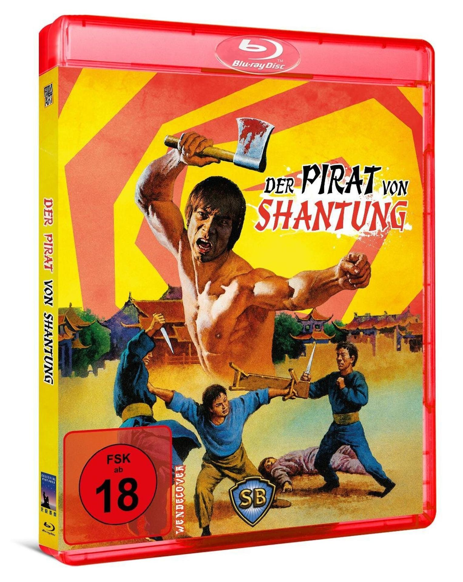Blu-ray-Hülle des Films 'Der Pirat von Shantung' mit Kampfszenen vor gelbem Hintergrund.