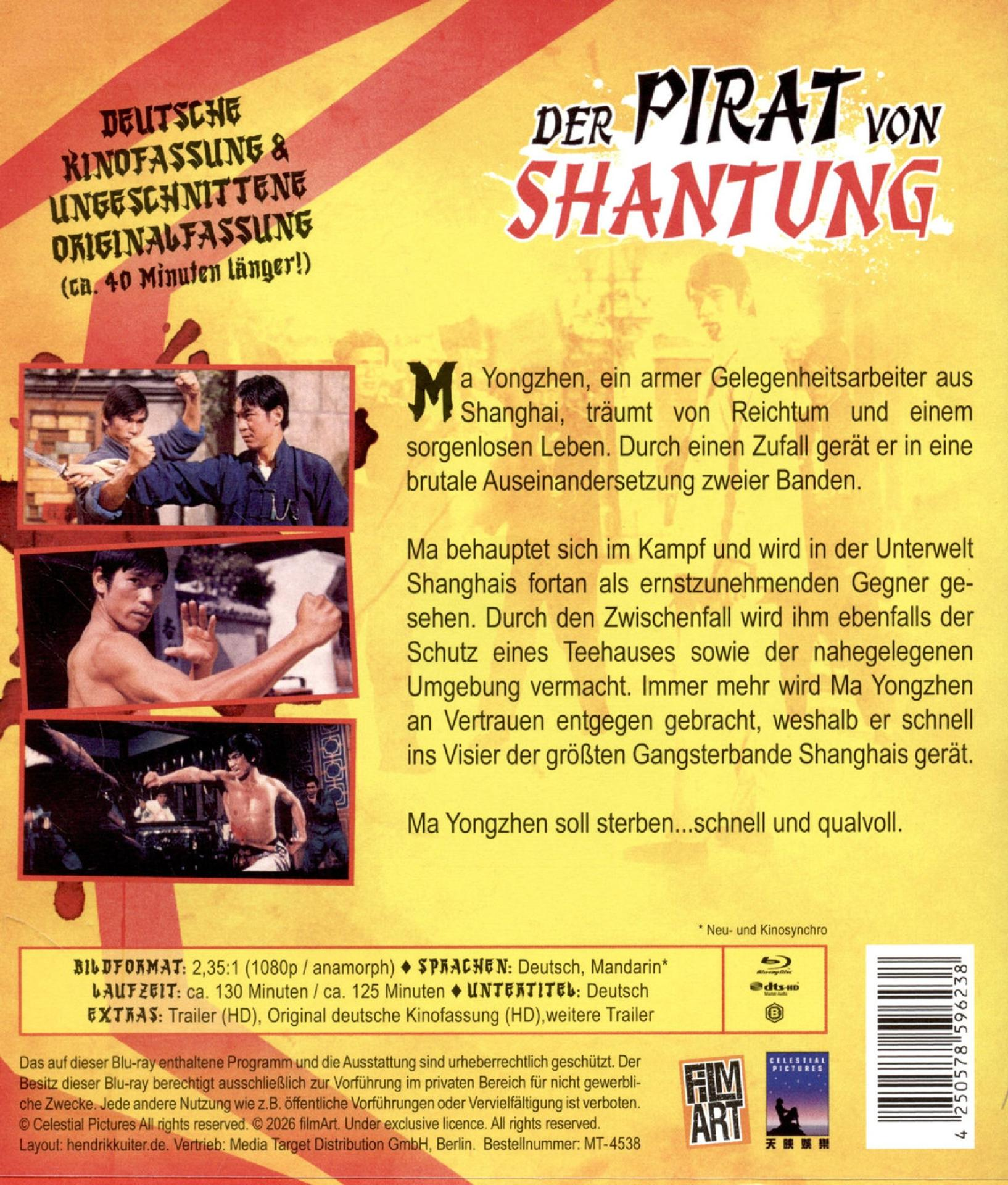 Rückseite einer Blu-ray-Hülle des Films Der Pirat von Shantung mit Text und Kampfszenen-Fotos.