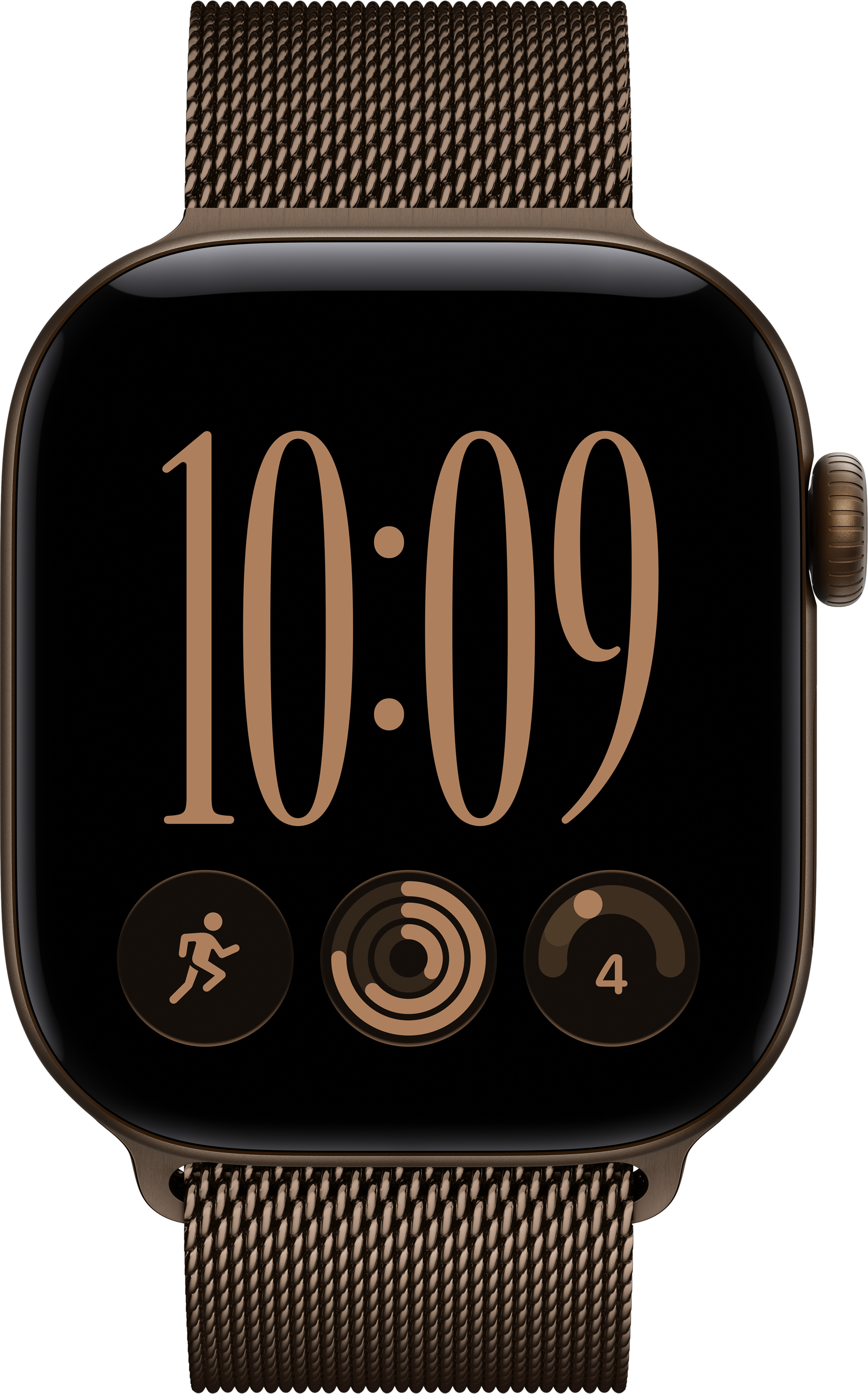 Braune Smartwatch mit Metallarmband und schwarzem Display zeigt 10:09 und drei App-Symbole.