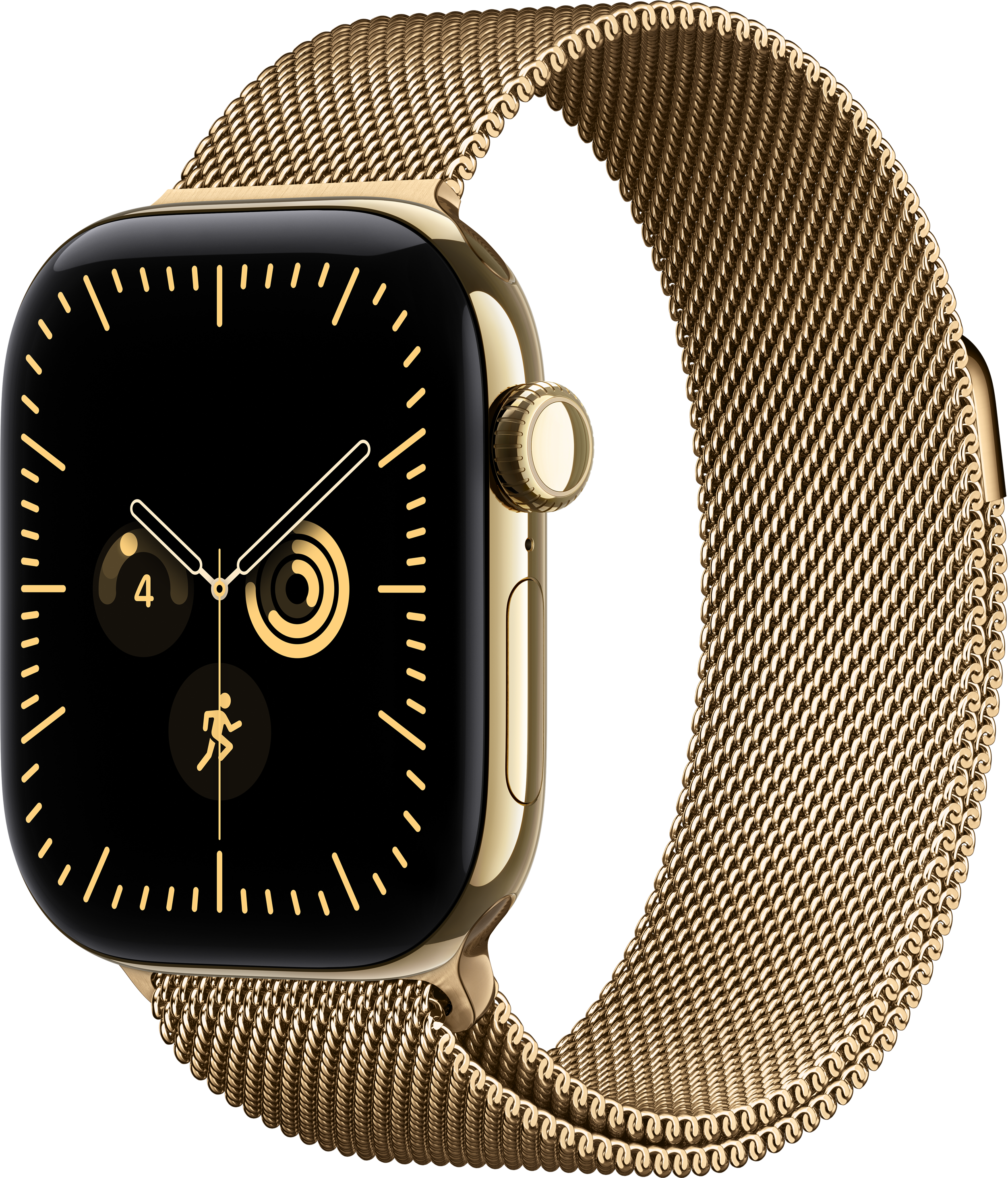 Uno smartwatch dorato con cinturino in maglia milanese metallica e display nero su sfondo scuro.