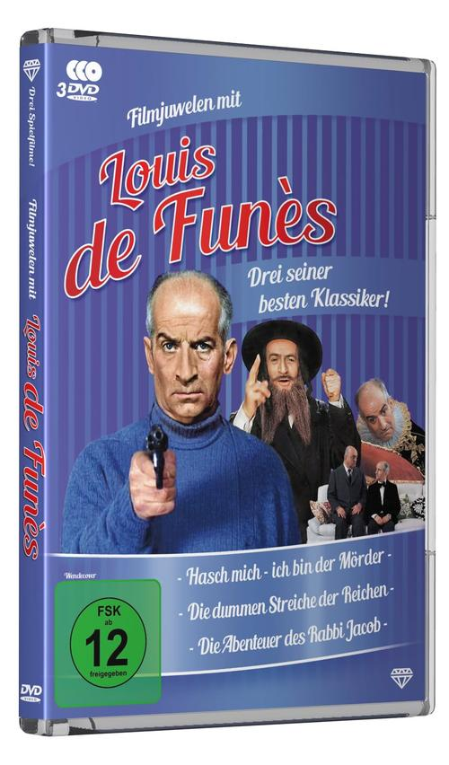 DVD-Hülle mit Louis de Funès und drei seiner klassischen Filmkomödien vor blauem Hintergrund.