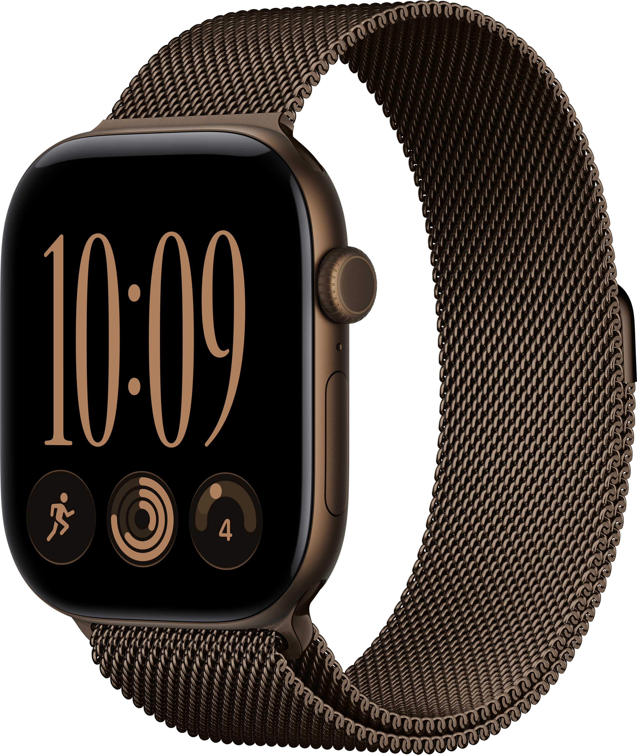 Uno smartwatch color bronzo con cinturino a maglia e quadrante digitale su sfondo nero.