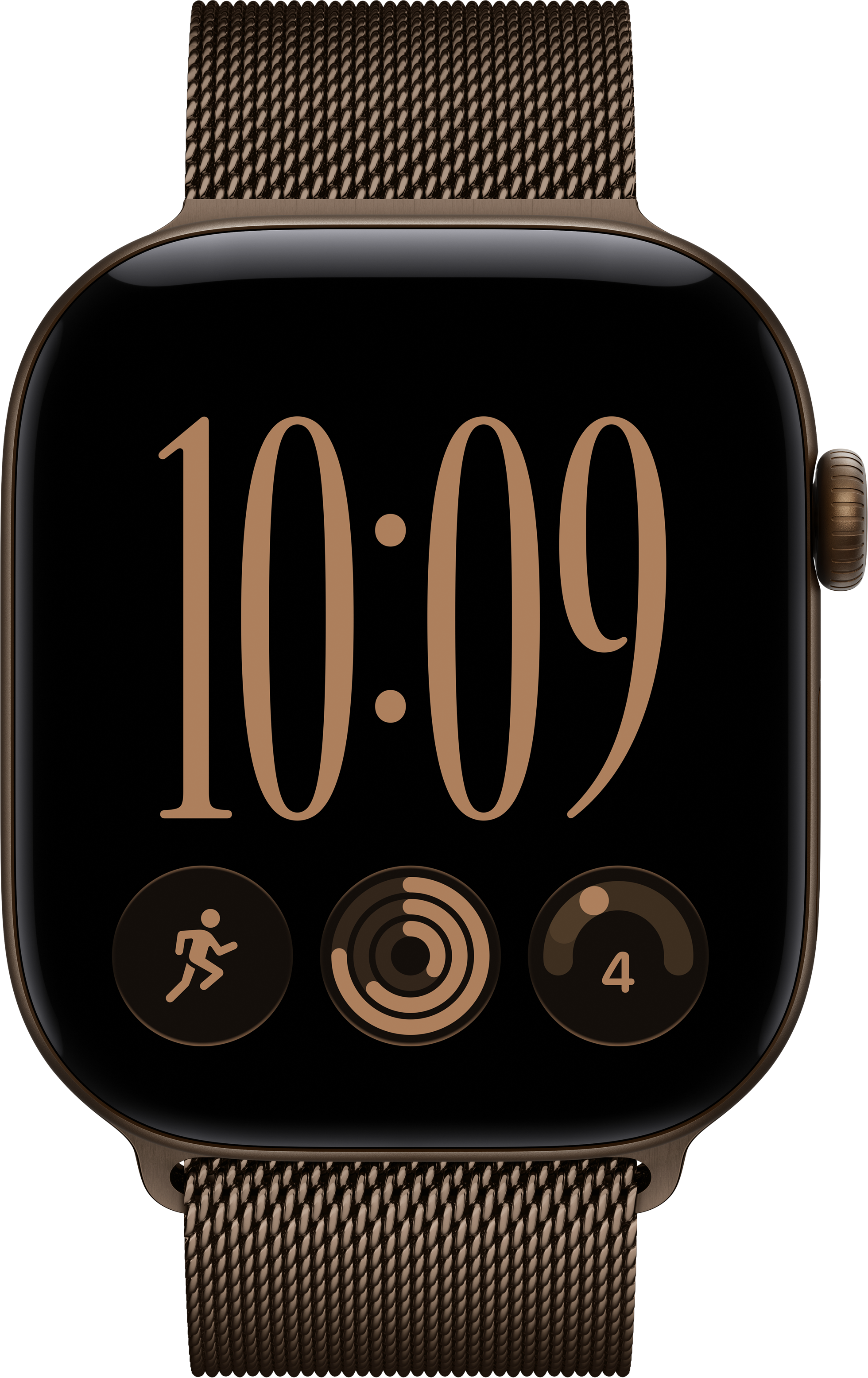 Uno smartwatch bronzo con cinturino milanese marrone mostra il quadrante digitale 10:09 e tre icone di attività.