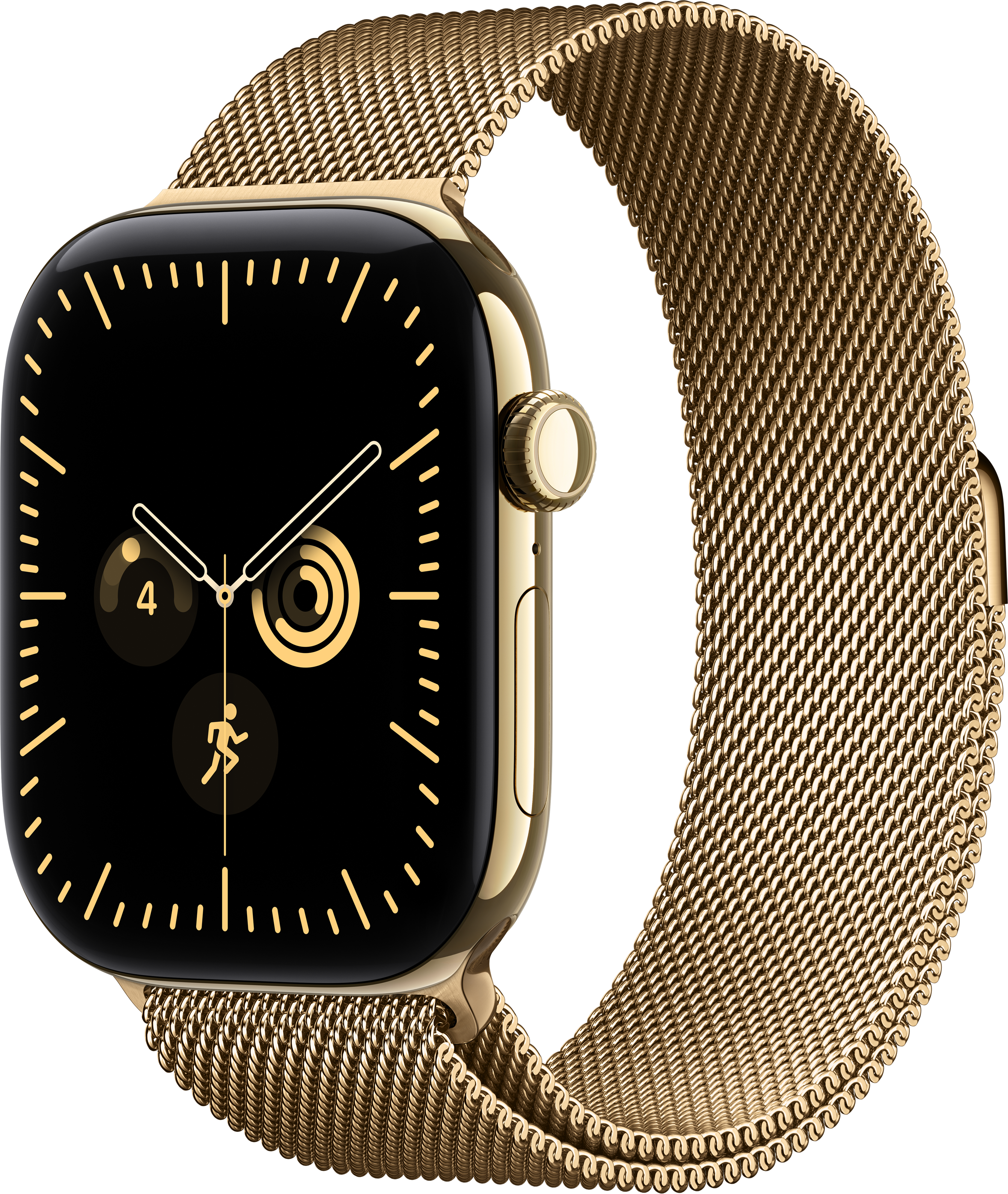 Goldene Smartwatch mit schwarzem Bildschirm und Metallgeflechtarmband auf schwarzem Hintergrund.