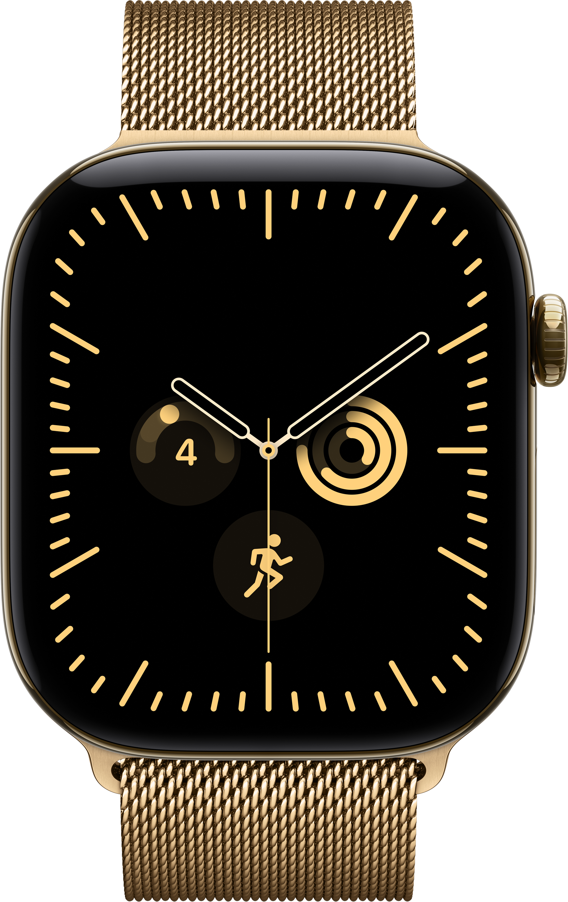 Goldene Smartwatch mit schwarzem Zifferblatt, goldenen Akzenten und Mailänder Armband.