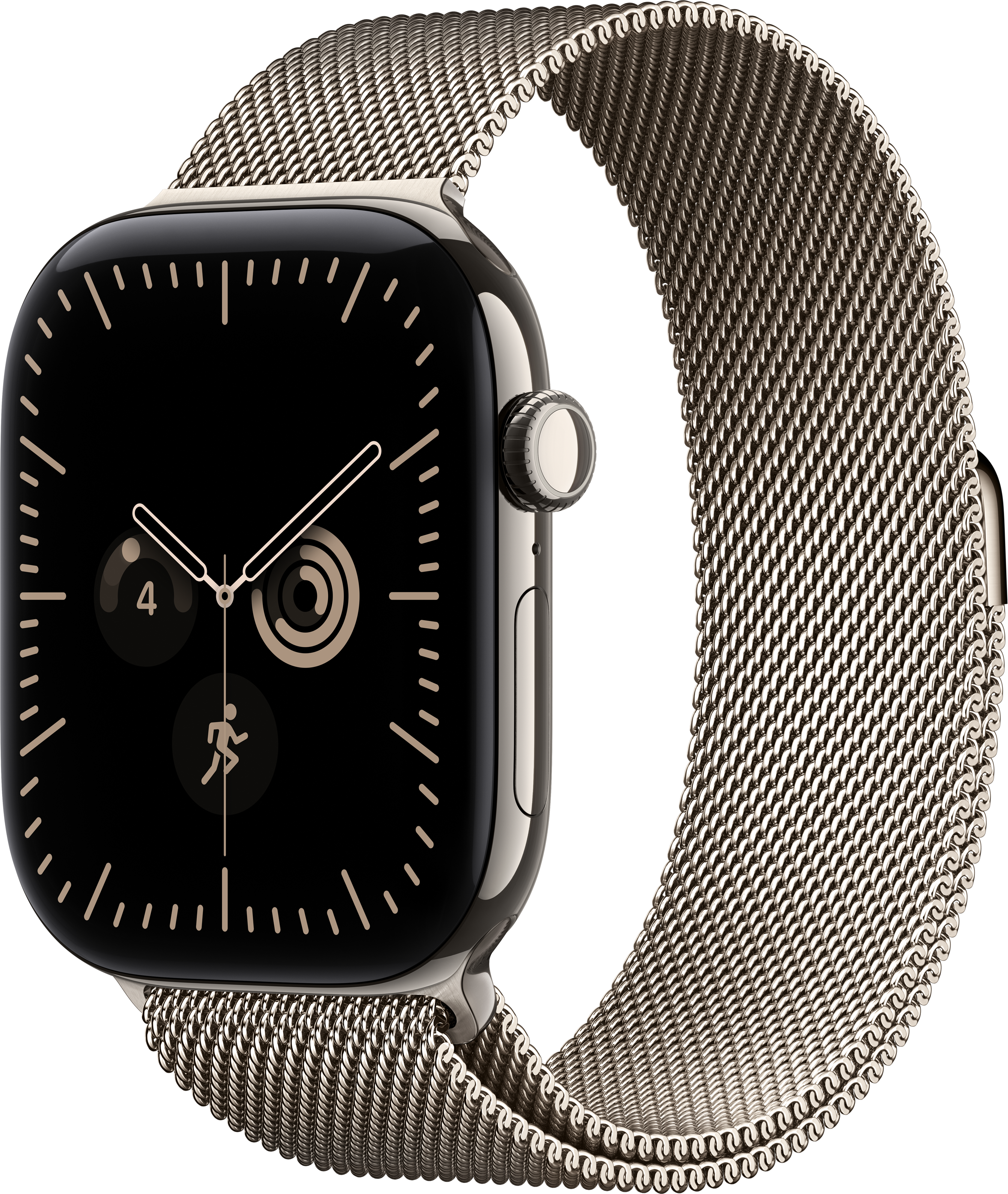 Uno smartwatch argento con schermo nero e cinturino in maglia metallica su sfondo nero.