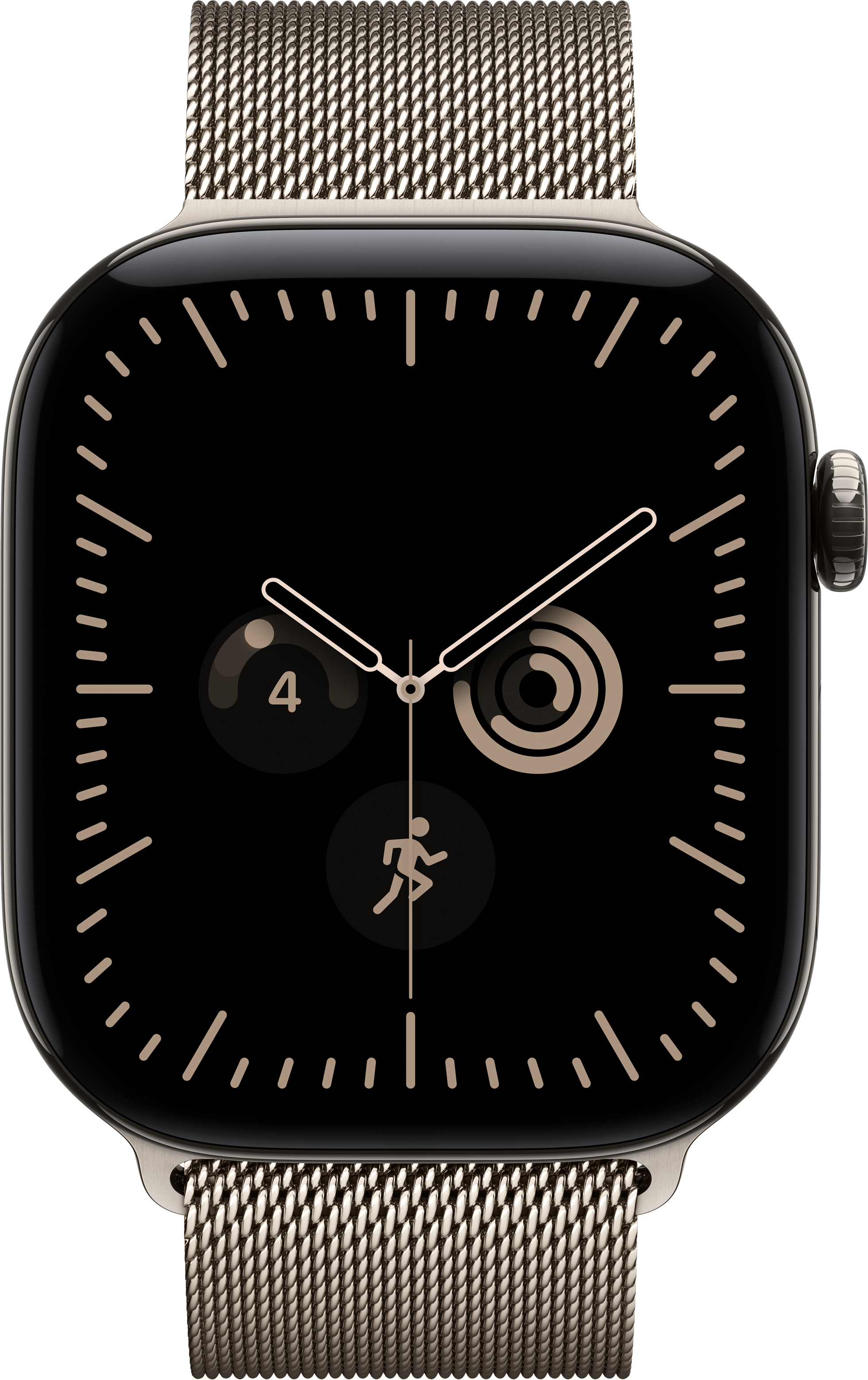 Eine Apple Watch mit Metallarmband zeigt ein schwarzes Zifferblatt mit goldenen Zeigern und kleinen Symbolen.