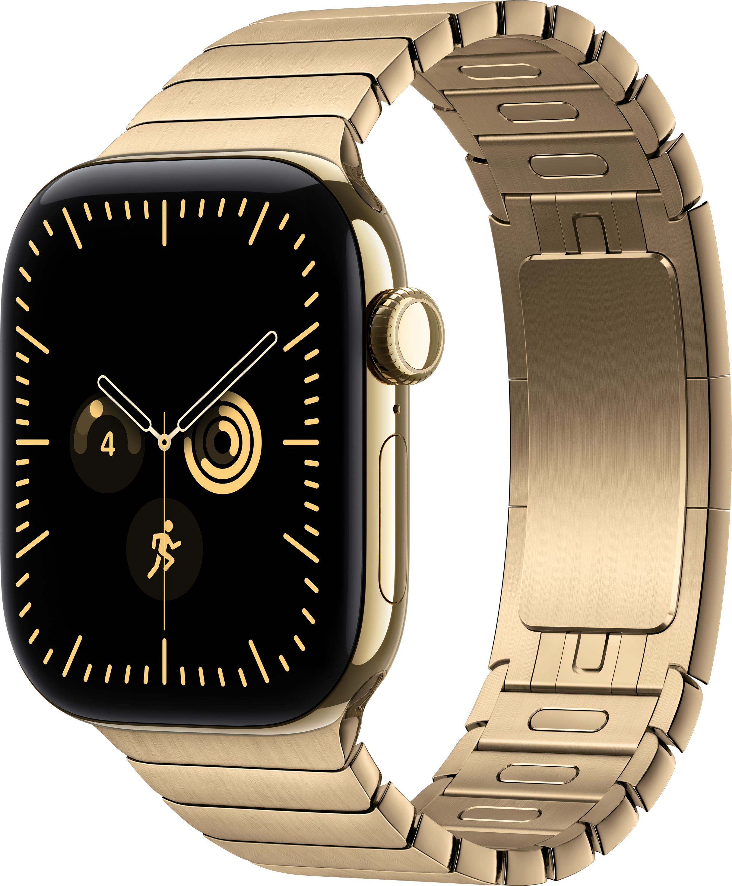 Eine goldene Smartwatch mit Metallgliederarmband und schwarzem Zifferblatt vor schwarzem Hintergrund.