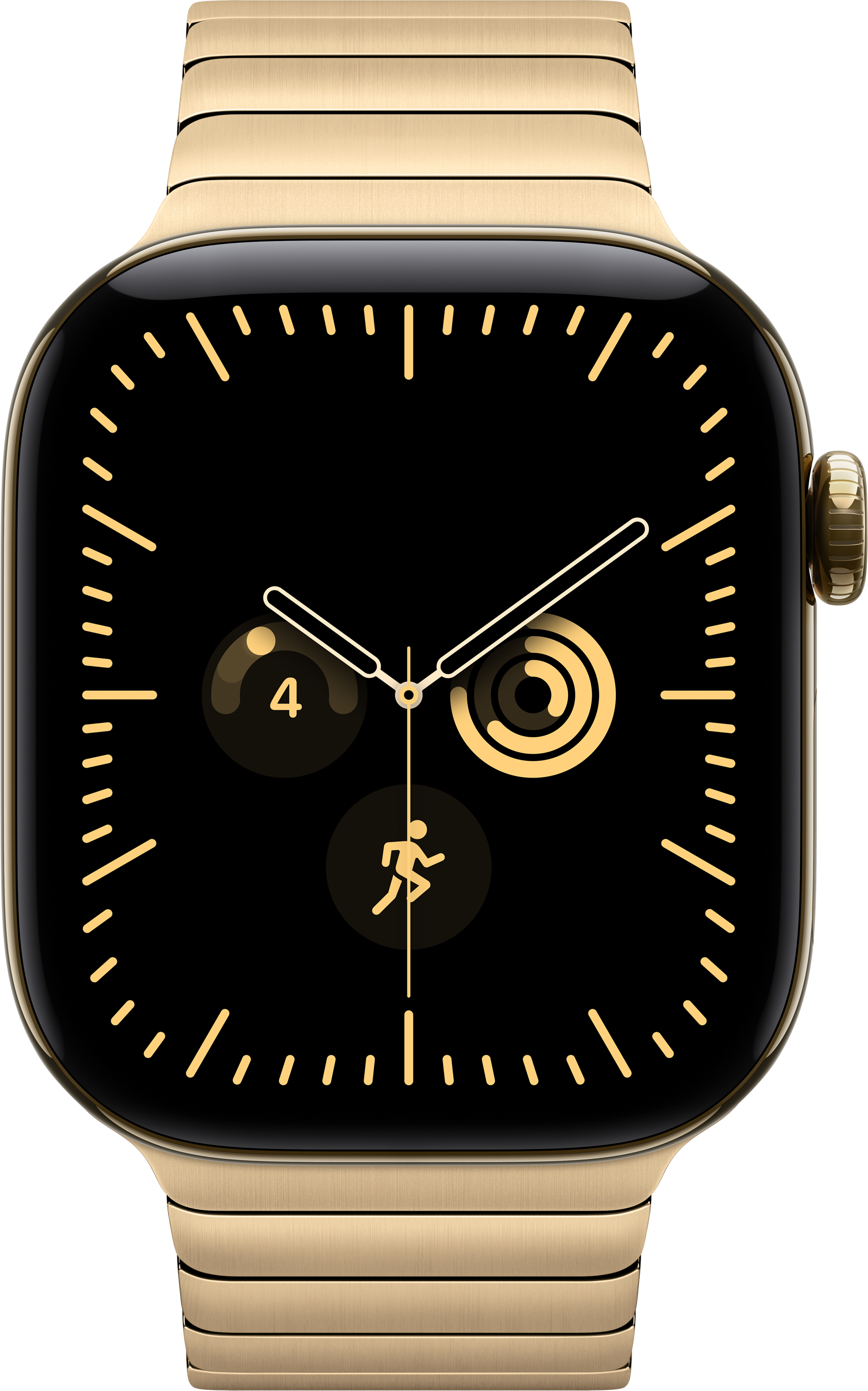 Goldene Smartwatch mit schwarzem Zifferblatt, goldenen Markierungen und Metallarmband.