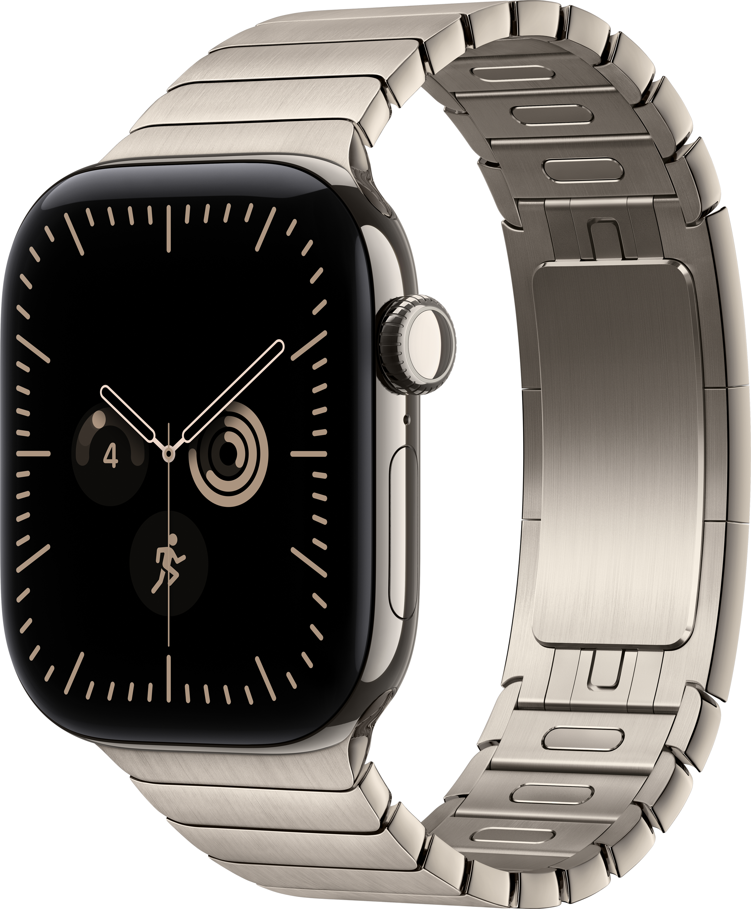 Eine silberne Smartwatch mit Gliederarmband und schwarzem Zifferblatt mit weißen Zeigern und Komplikationen.