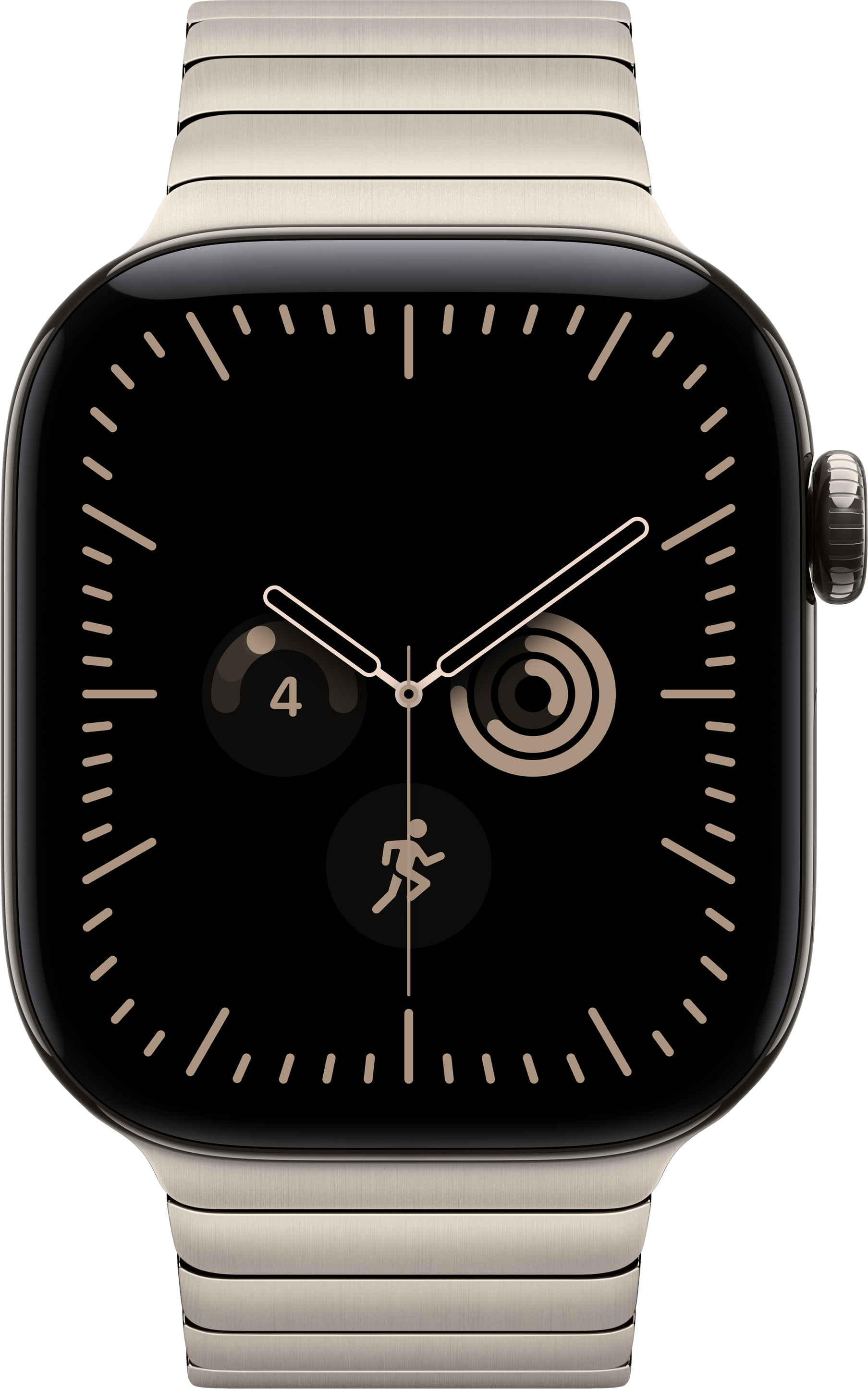 Eine Smartwatch mit silbernem Metallarmband und schwarzem Zifferblatt mit goldenen Akzenten.