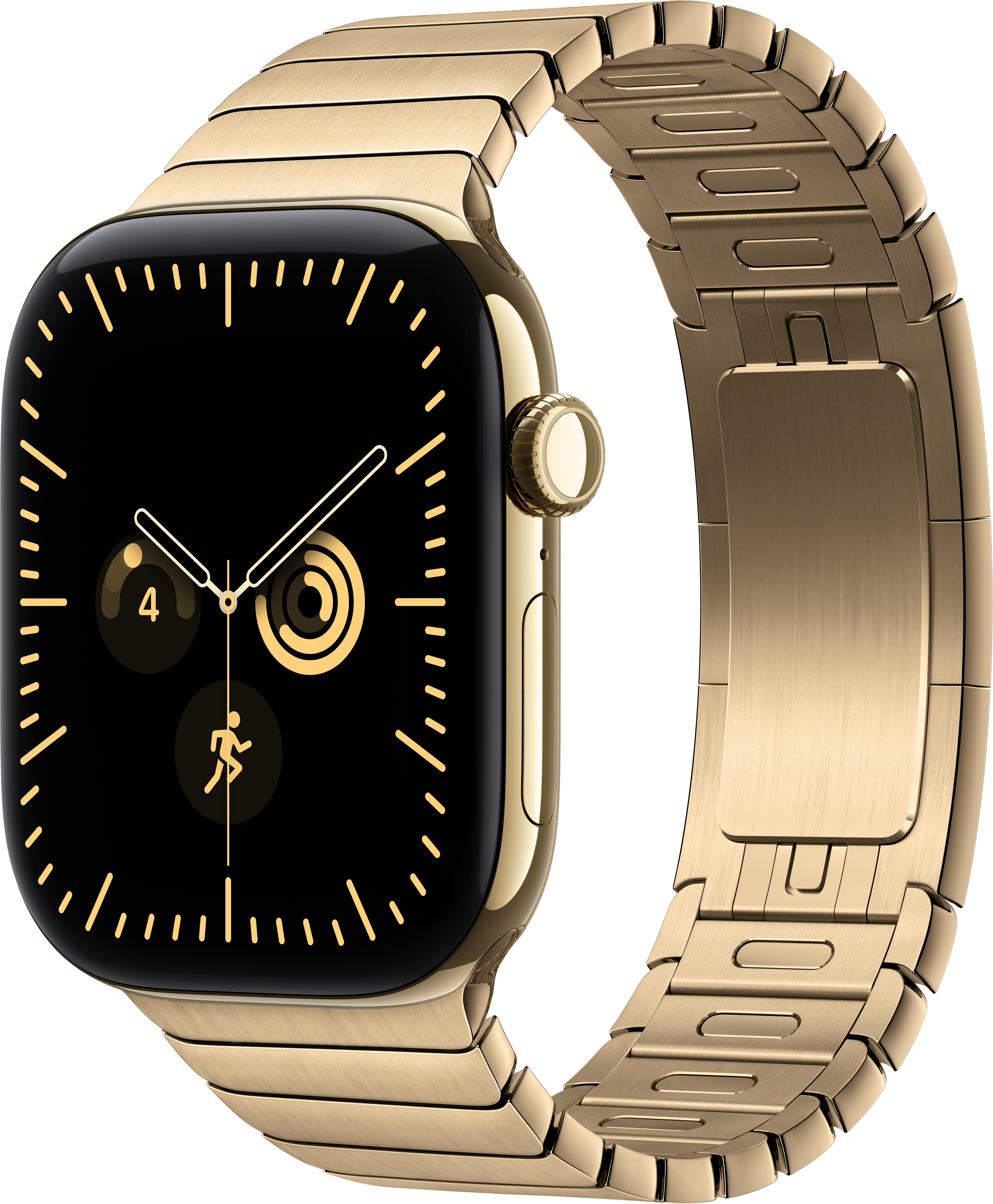 Eine goldene Smartwatch mit Metallarmband und schwarzem Zifferblatt vor dunklem Hintergrund.