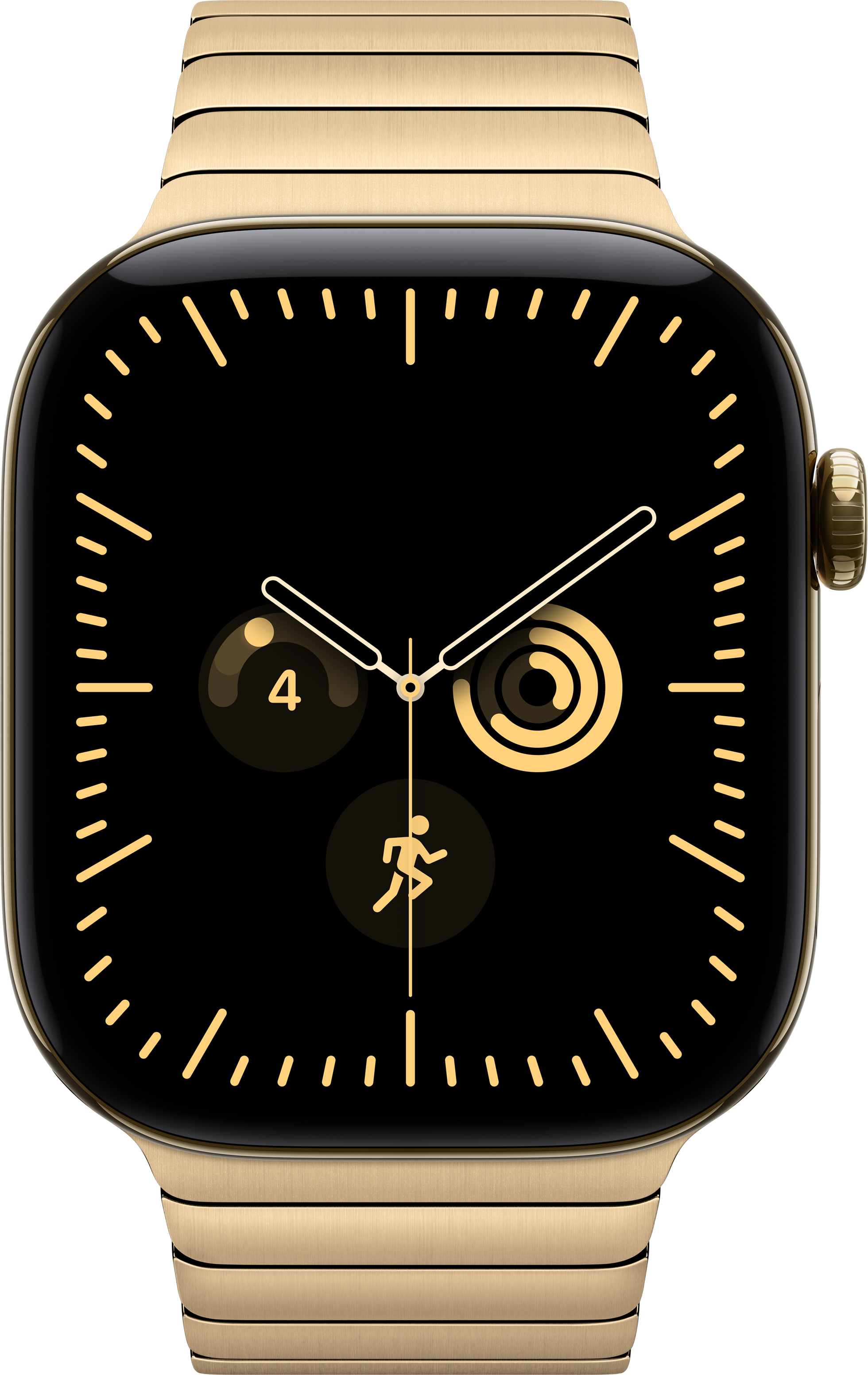Goldfarbene Smartwatch mit schwarzem Zifferblatt, goldenen Markierungen und drei kleinen Komplikationen.