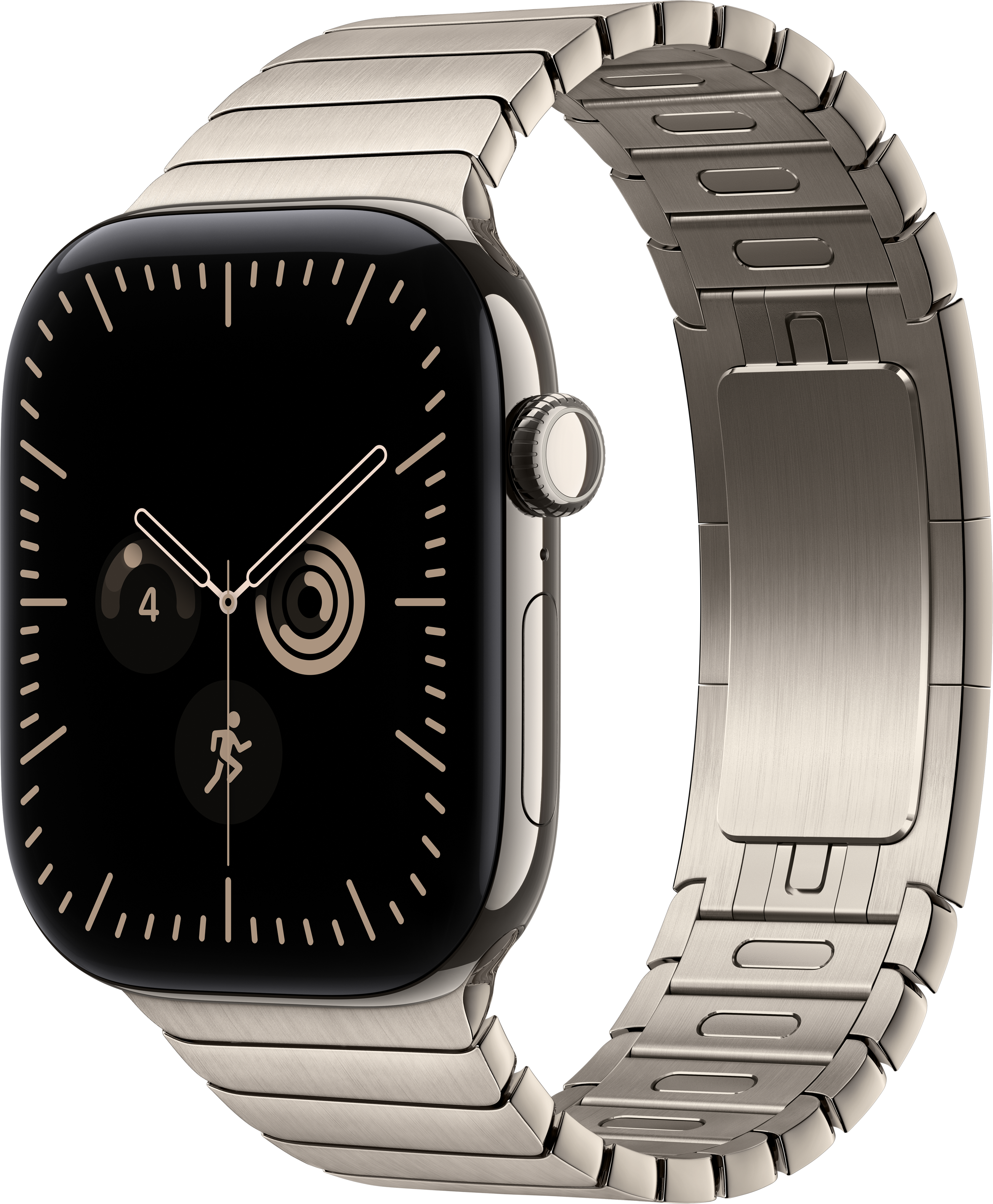 Eine edle silberne Smartwatch mit schwarzem Zifferblatt und Metallarmband.