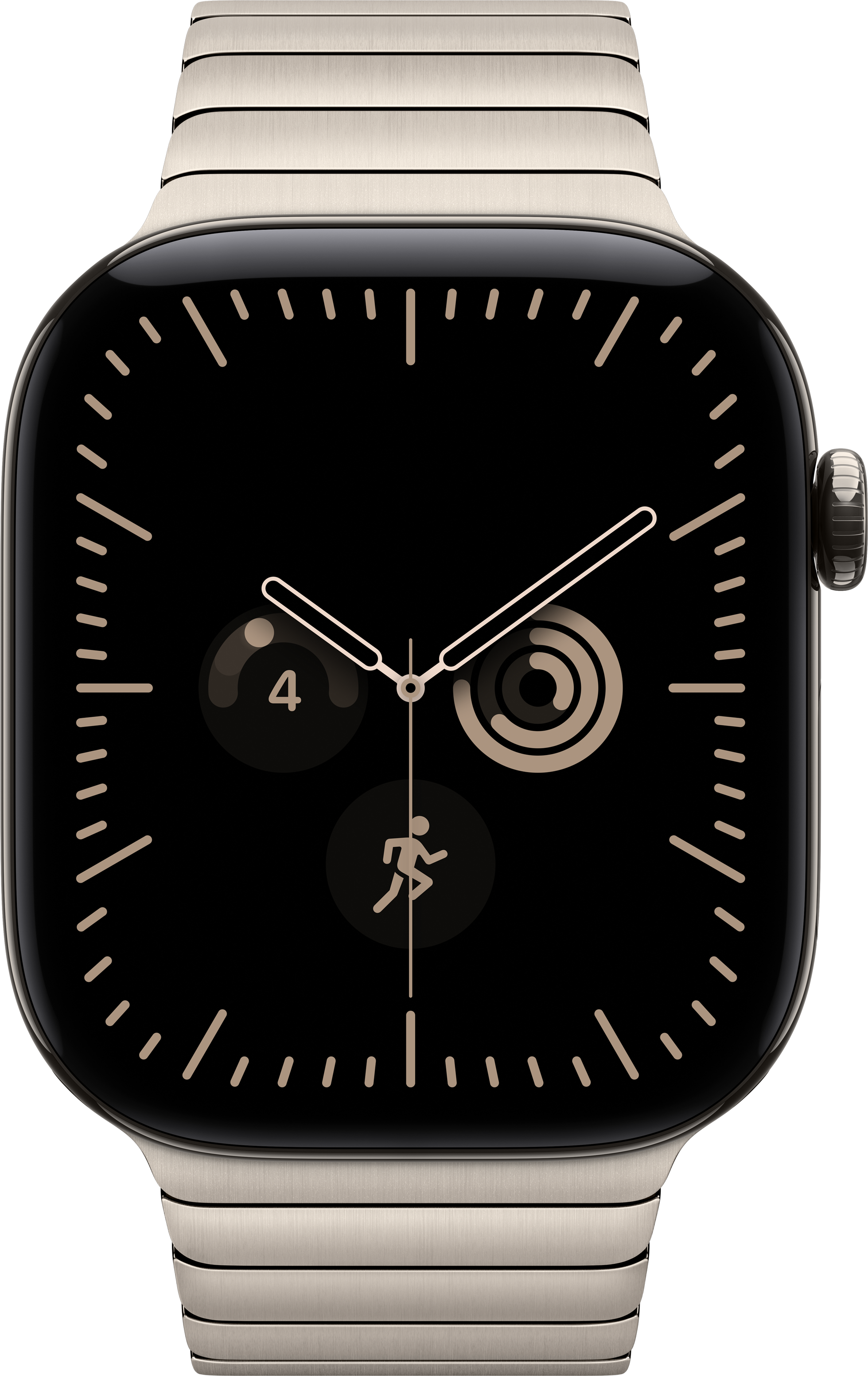 Eine silberne Smartwatch mit schwarzem Zifferblatt, weißen Zeigern, Minutenmarkierungen und drei kleinen Aktivitätsanzeigen.