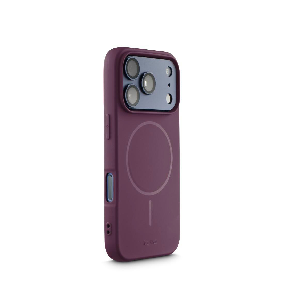 Eine lila Smartphone-Hülle mit MagSafe-Ring und Kamera-Aussparungen vor weißem Hintergrund.