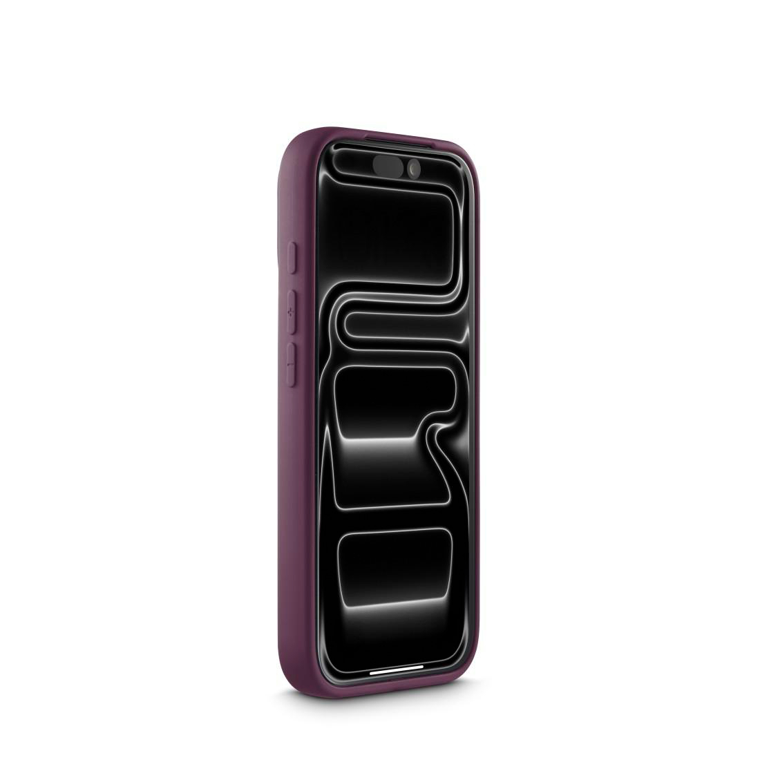 Ein Smartphone in einer dunkelvioletten Schutzhülle zeigt ein abstraktes, wellenförmiges schwarzes Bildschirmdesign.